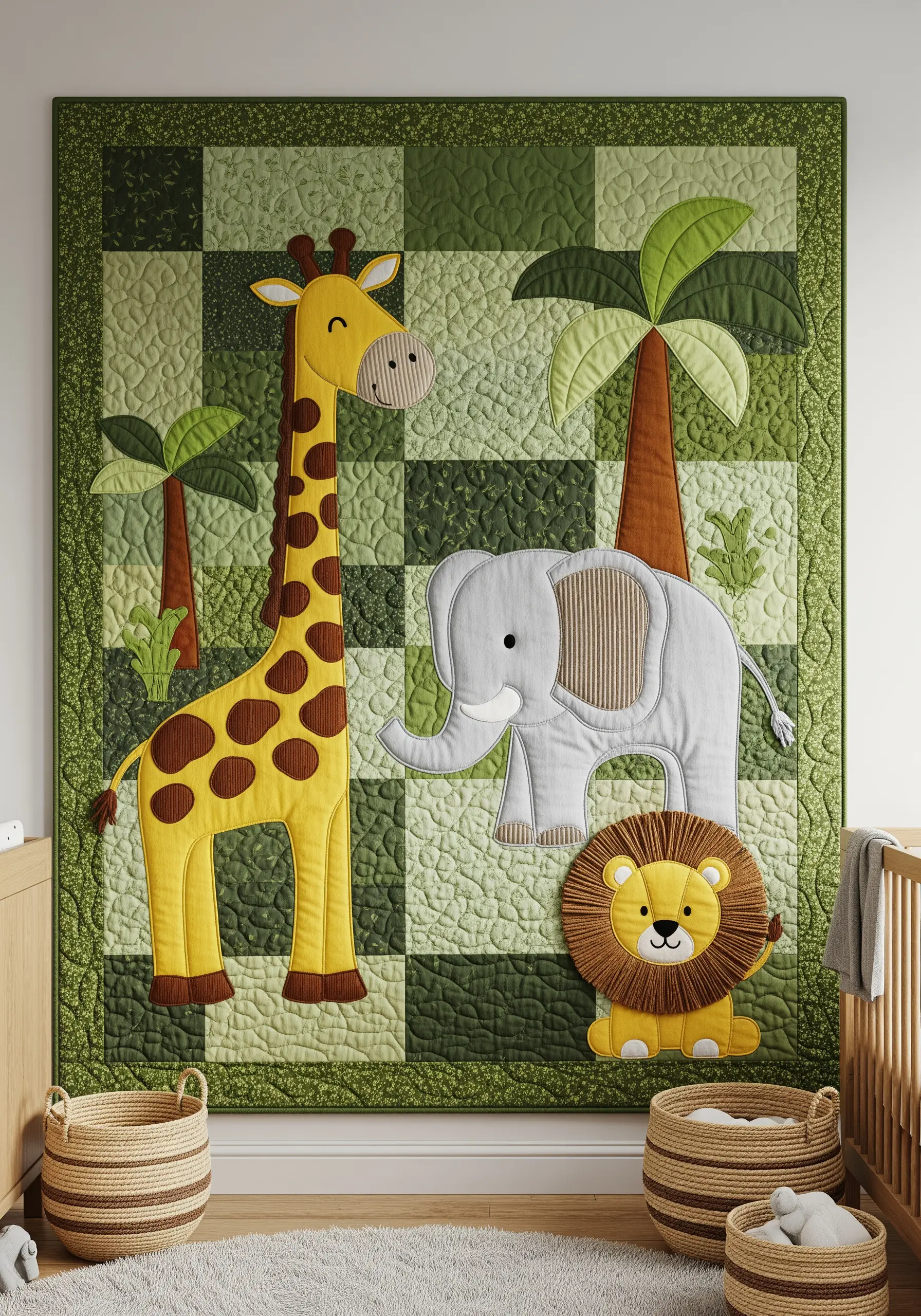 A large, quilted wall hanging with appliqué jungle animals like a giraffe, elephant, and lion.