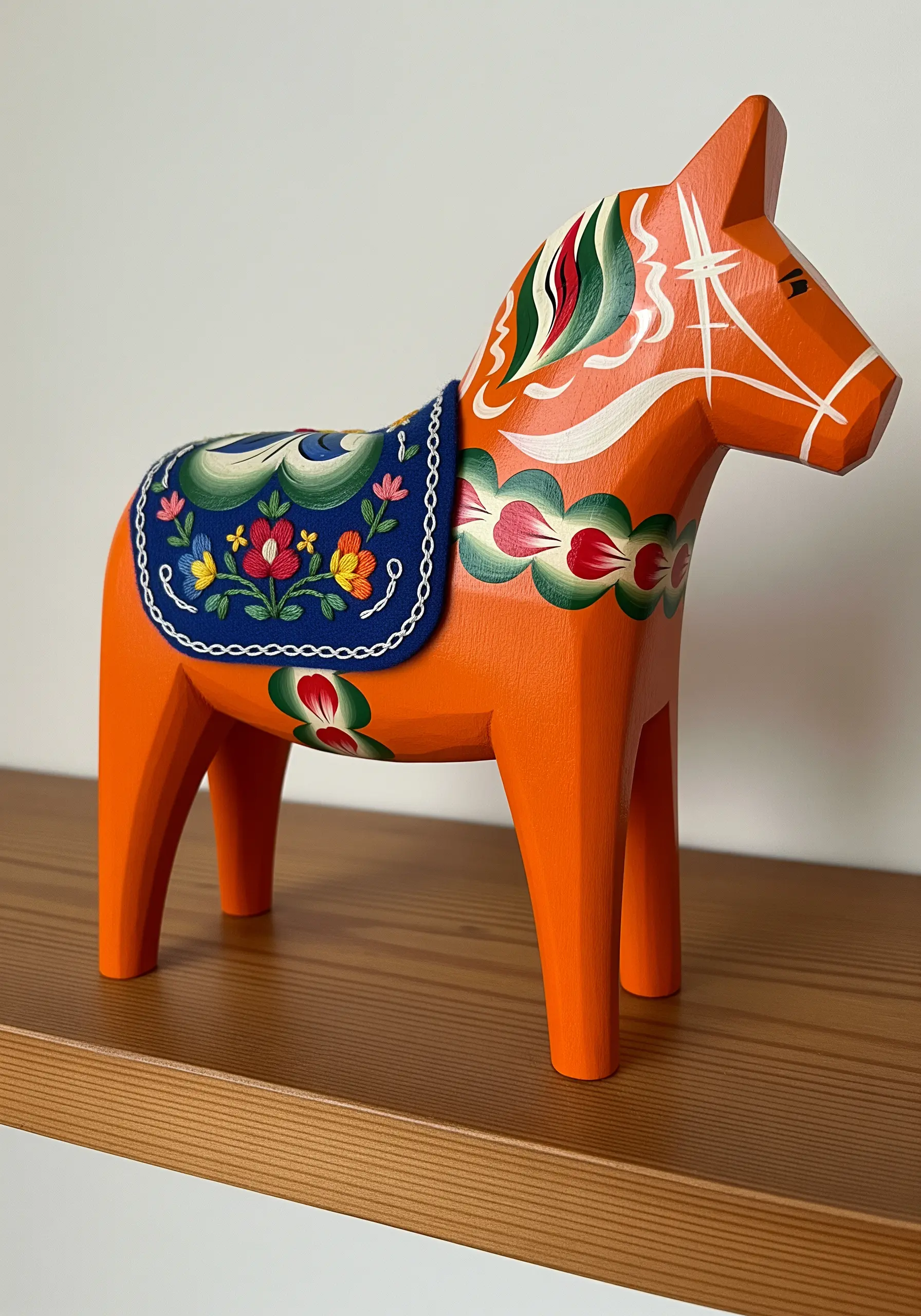 A traditional Swedish orange painted Dala horse with a small embroidered saddle.