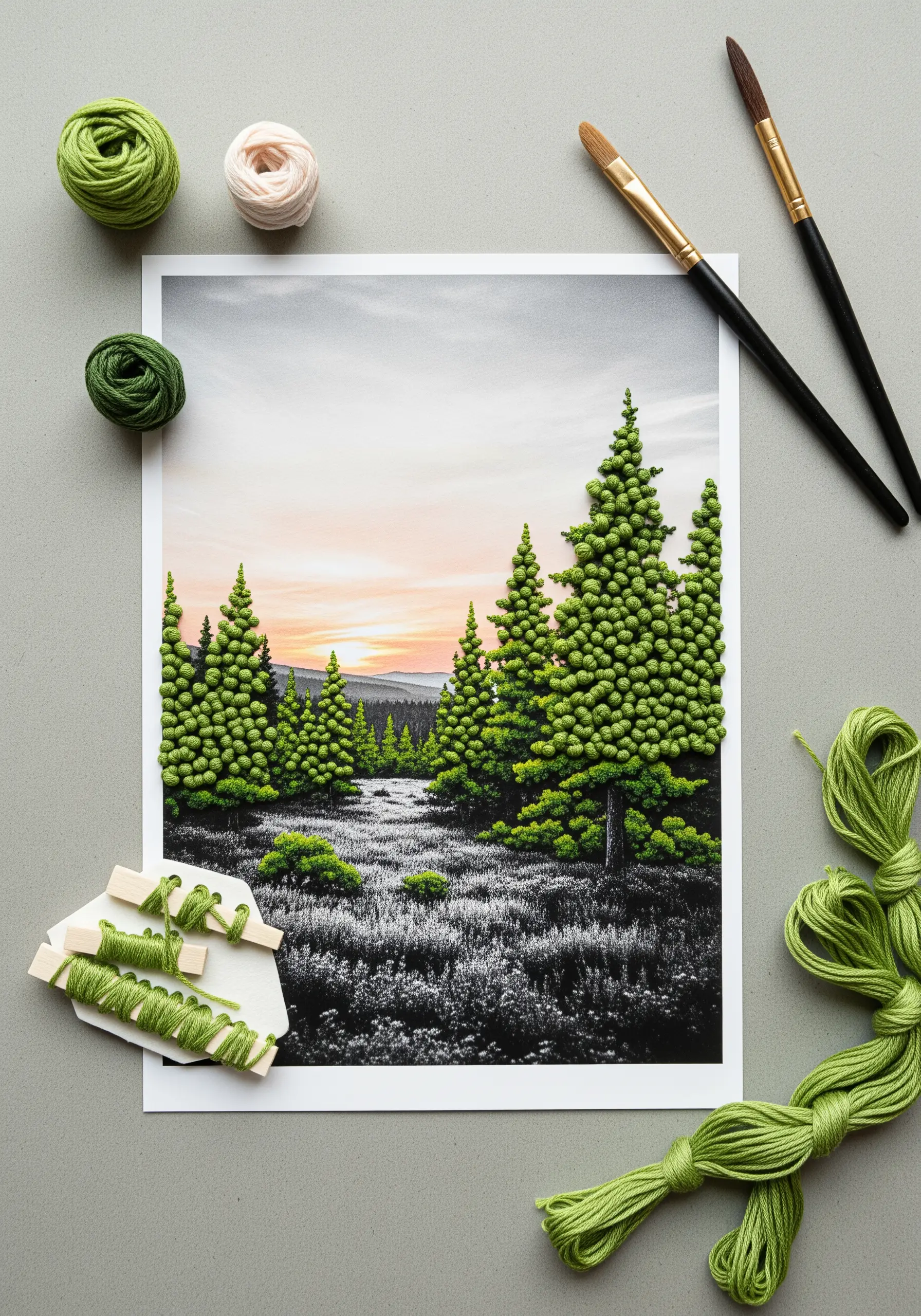 A printed landscape photograph with the trees covered in dense green and white French knots.