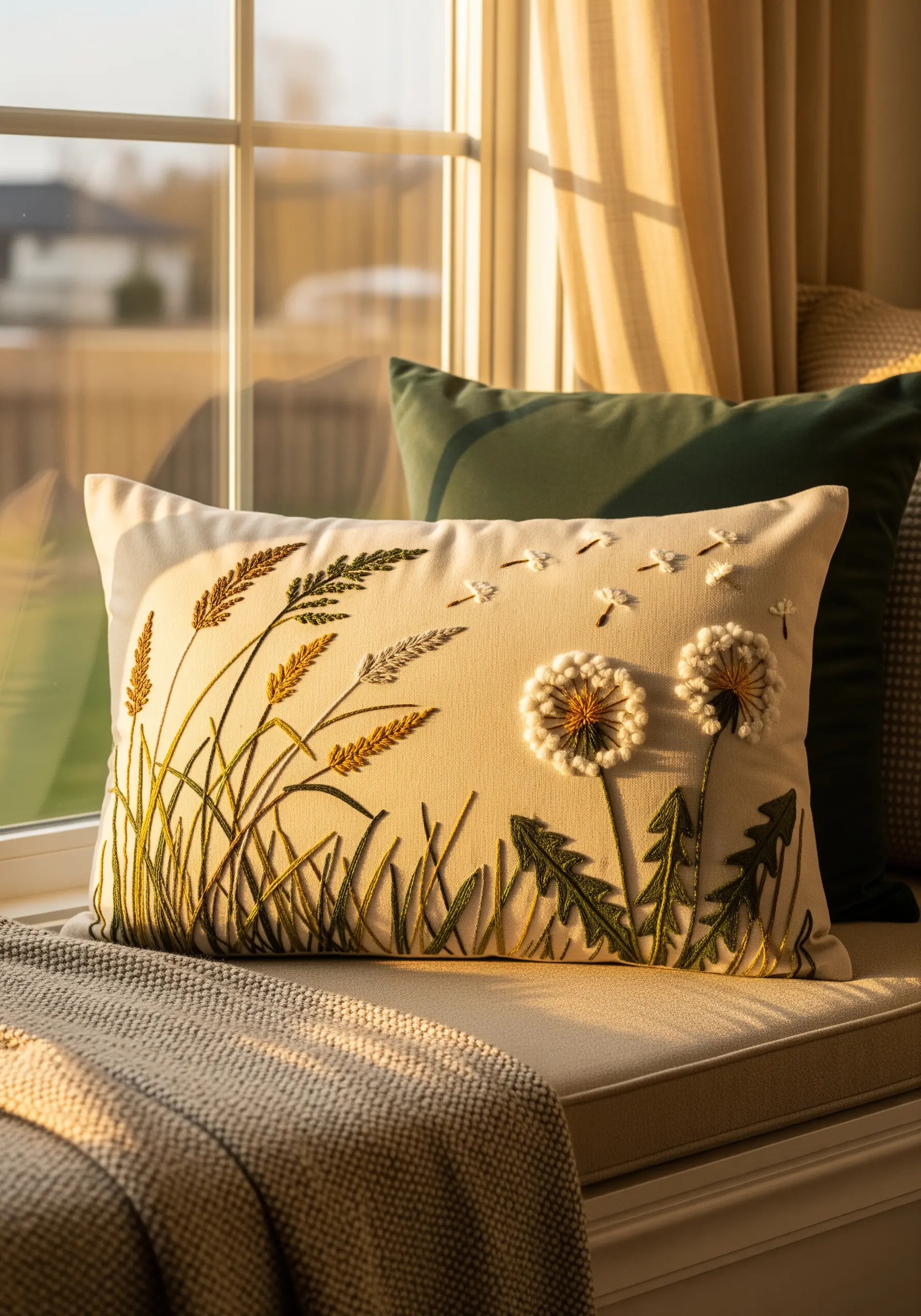 Embroidered pillow with fluffy 3D dandelion heads using turkey work.