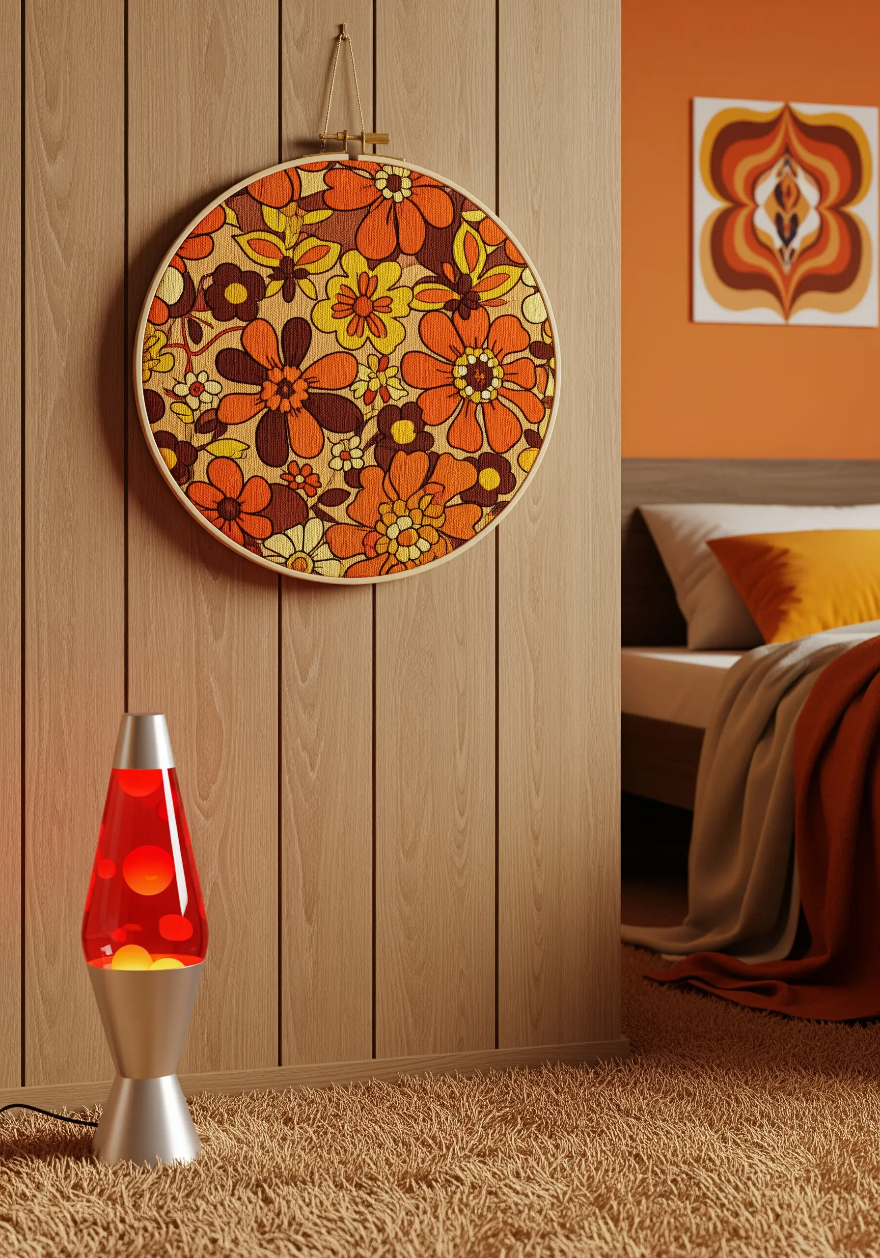 A hoop framing a bold, 70s-inspired floral fabric in shades of orange, yellow, and brown.