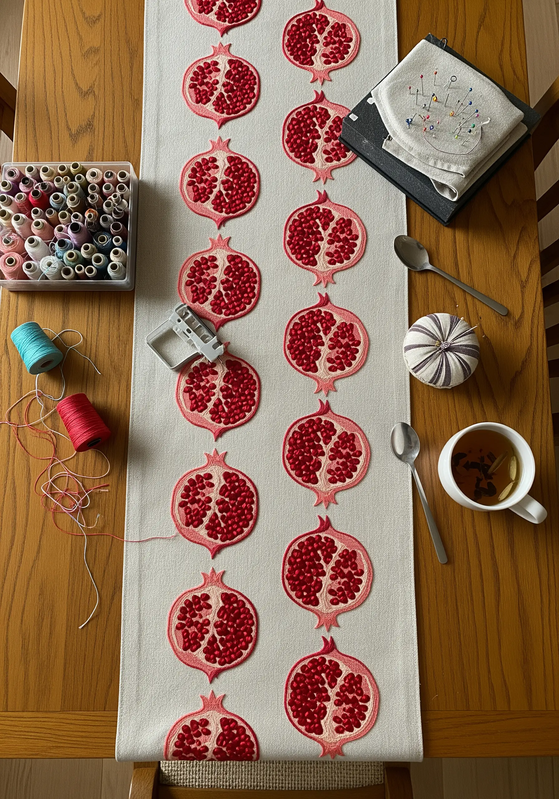 Embroidered table runner with a repeating pattern of halved pomegranates with textured seeds.