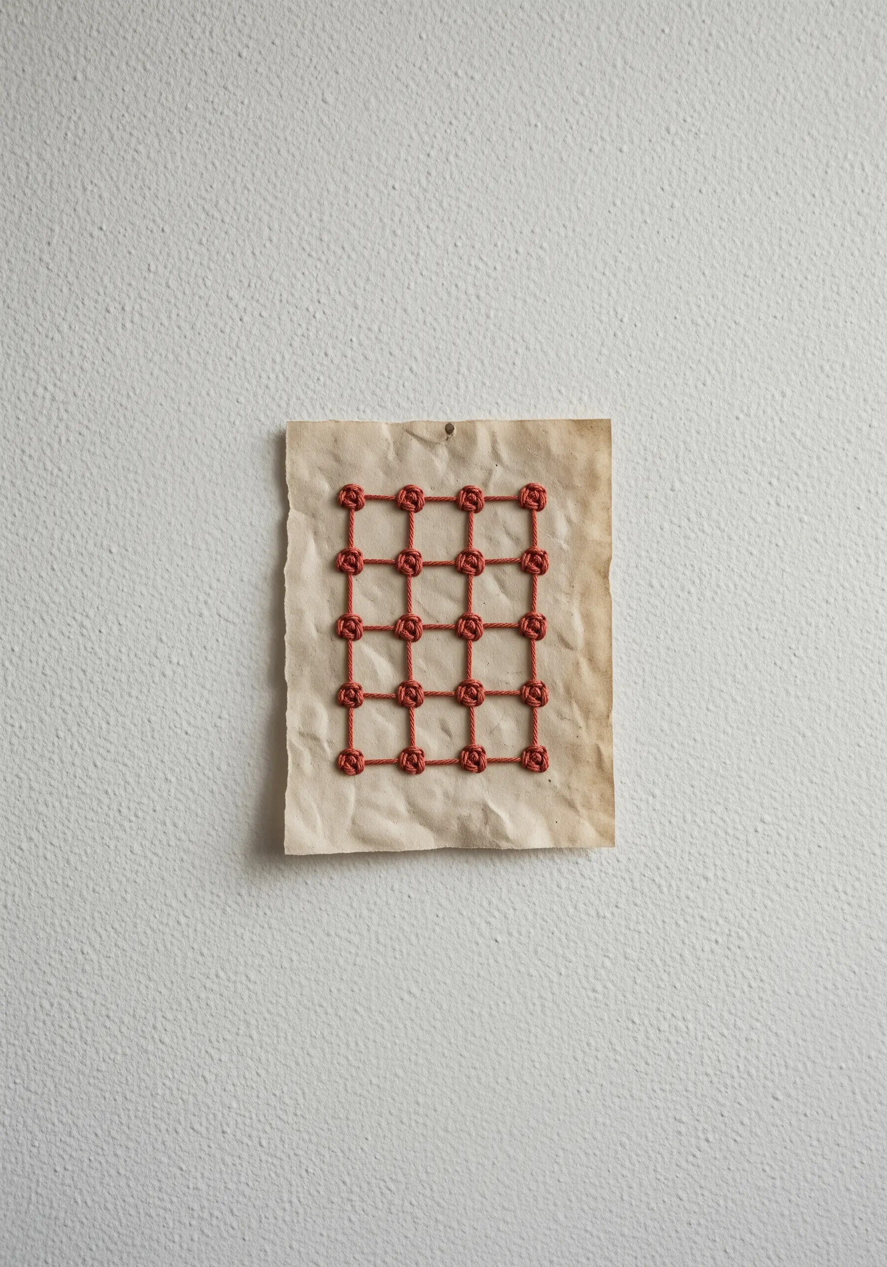 A grid of interconnected red bullion knots stitched onto a small piece of aged paper.