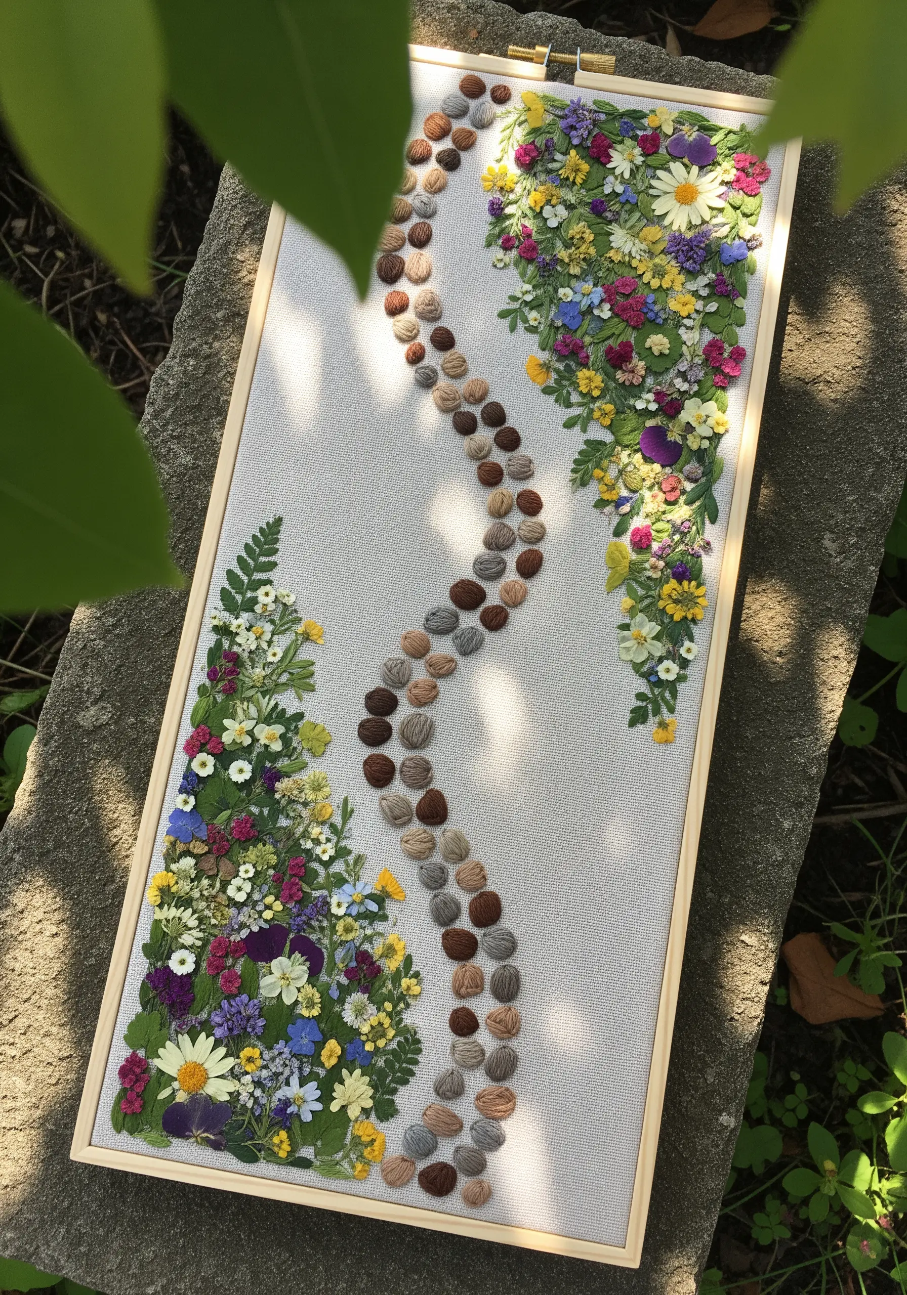 A winding path of brown and tan yarn pom-poms between two arrangements of pressed wildflowers.