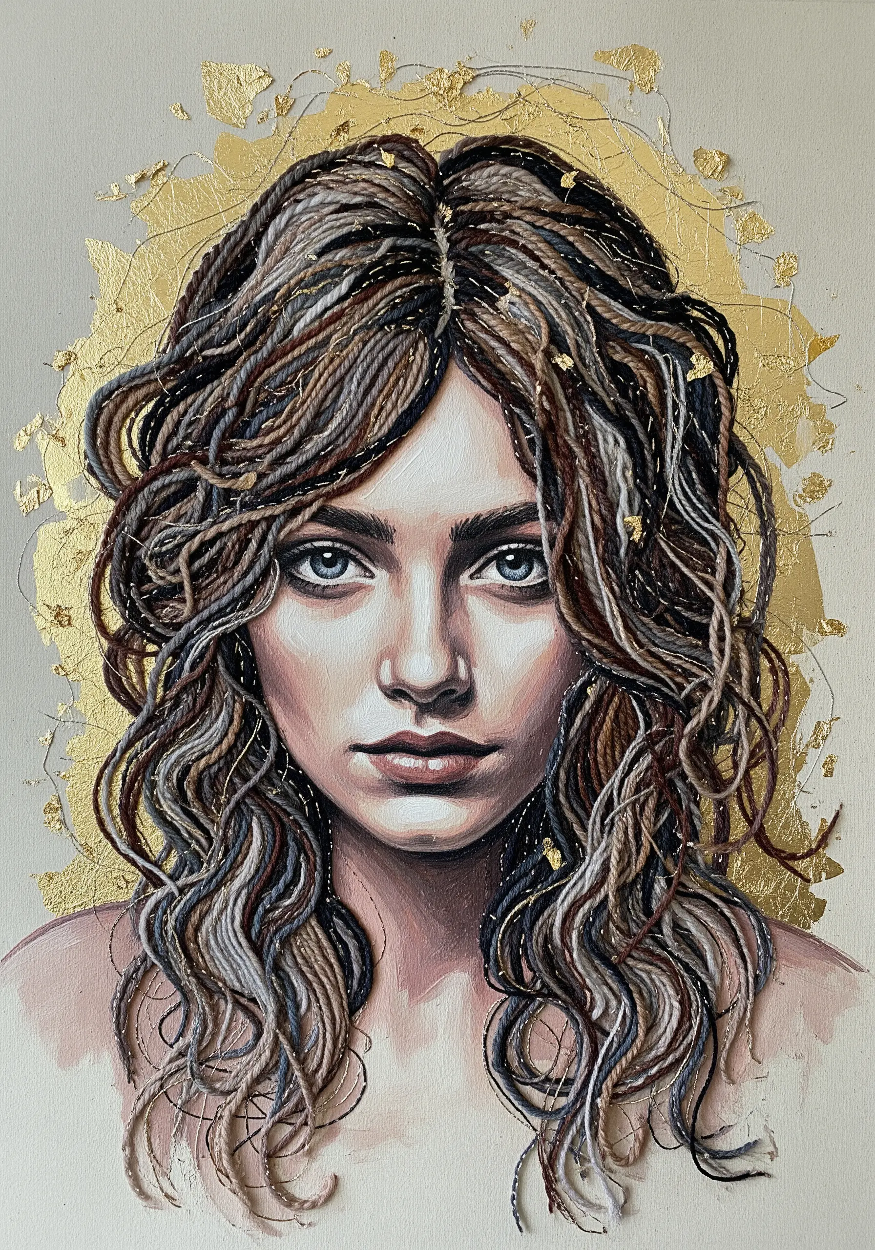 A painted portrait of a woman where the hair is made of dimensional, couched yarn and thread.