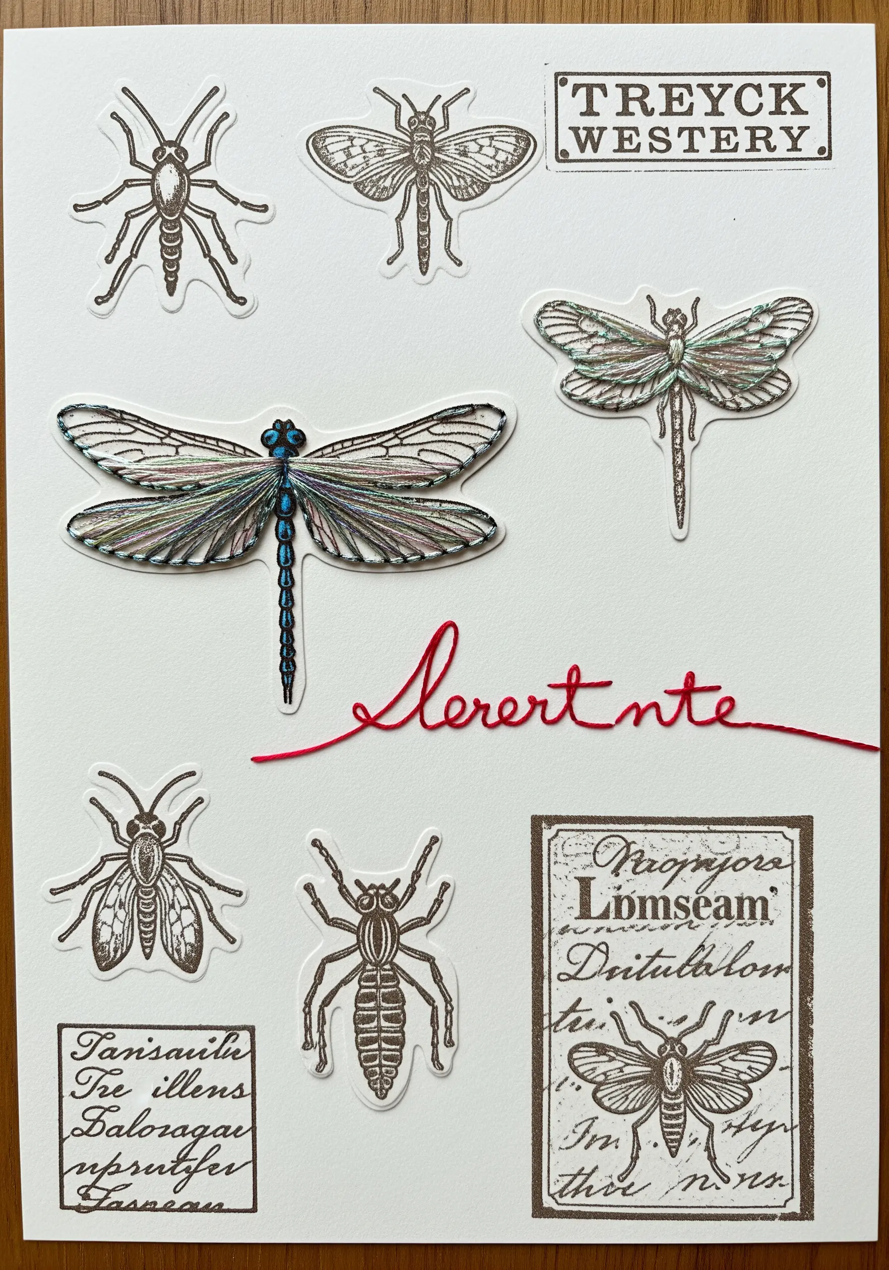 A collection of insect stamps on paper, with one dragonfly highlighted with iridescent thread.