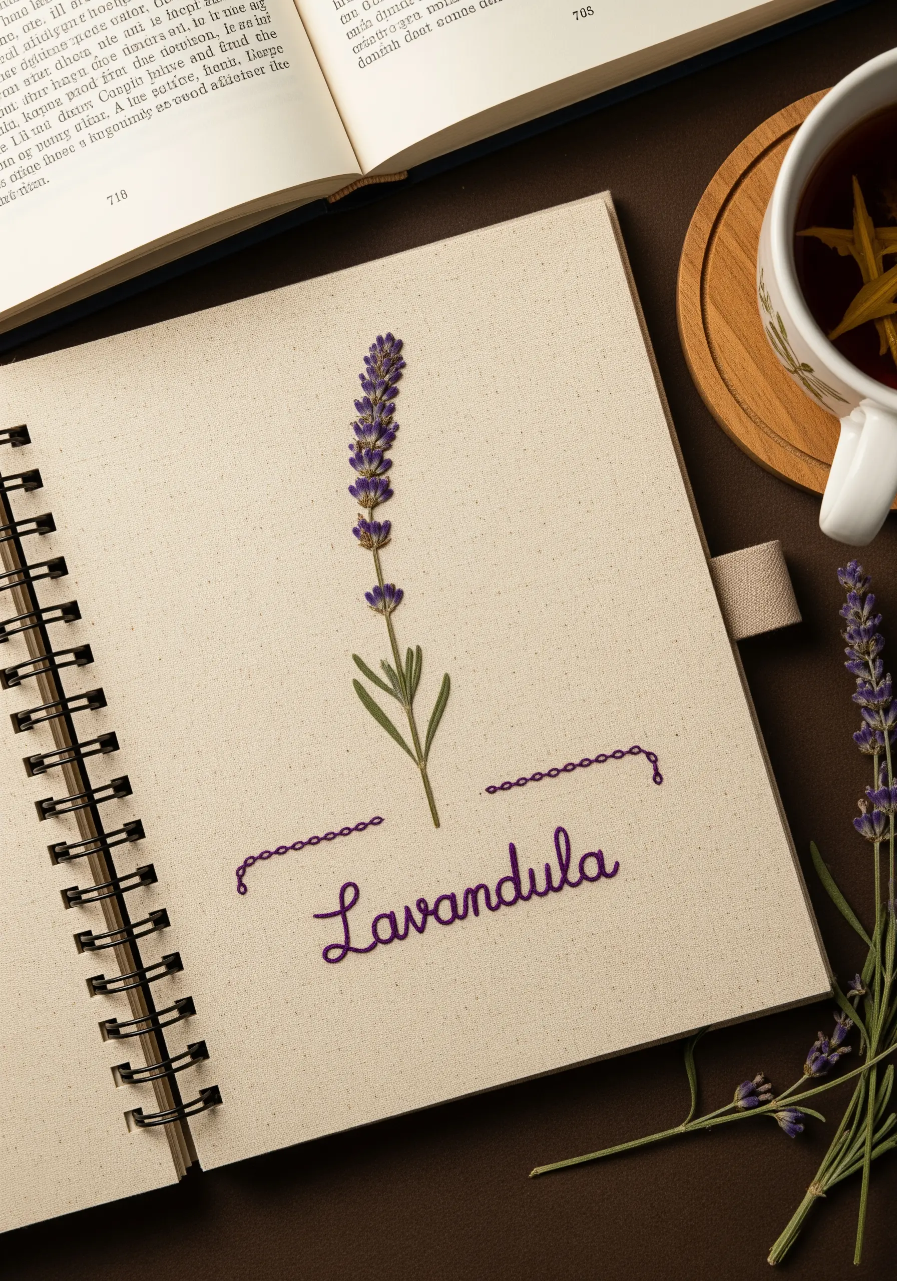 A pressed lavender sprig with its name, Lavandula, embroidered beneath it.