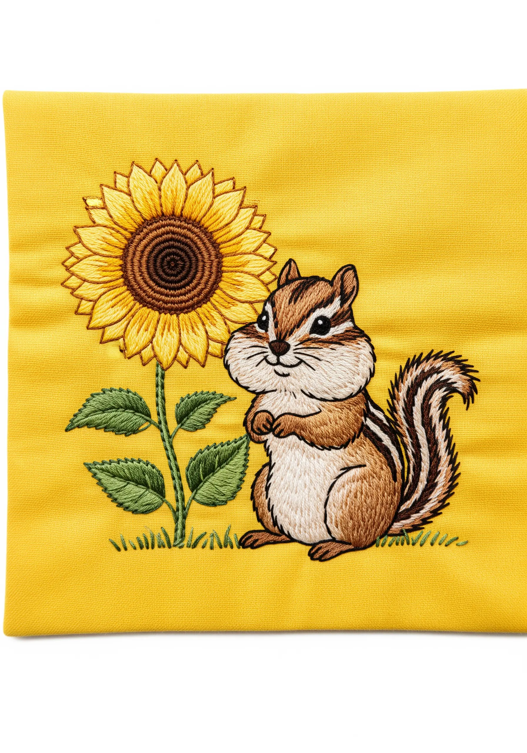A small chipmunk standing next to an oversized, textured embroidered sunflower.