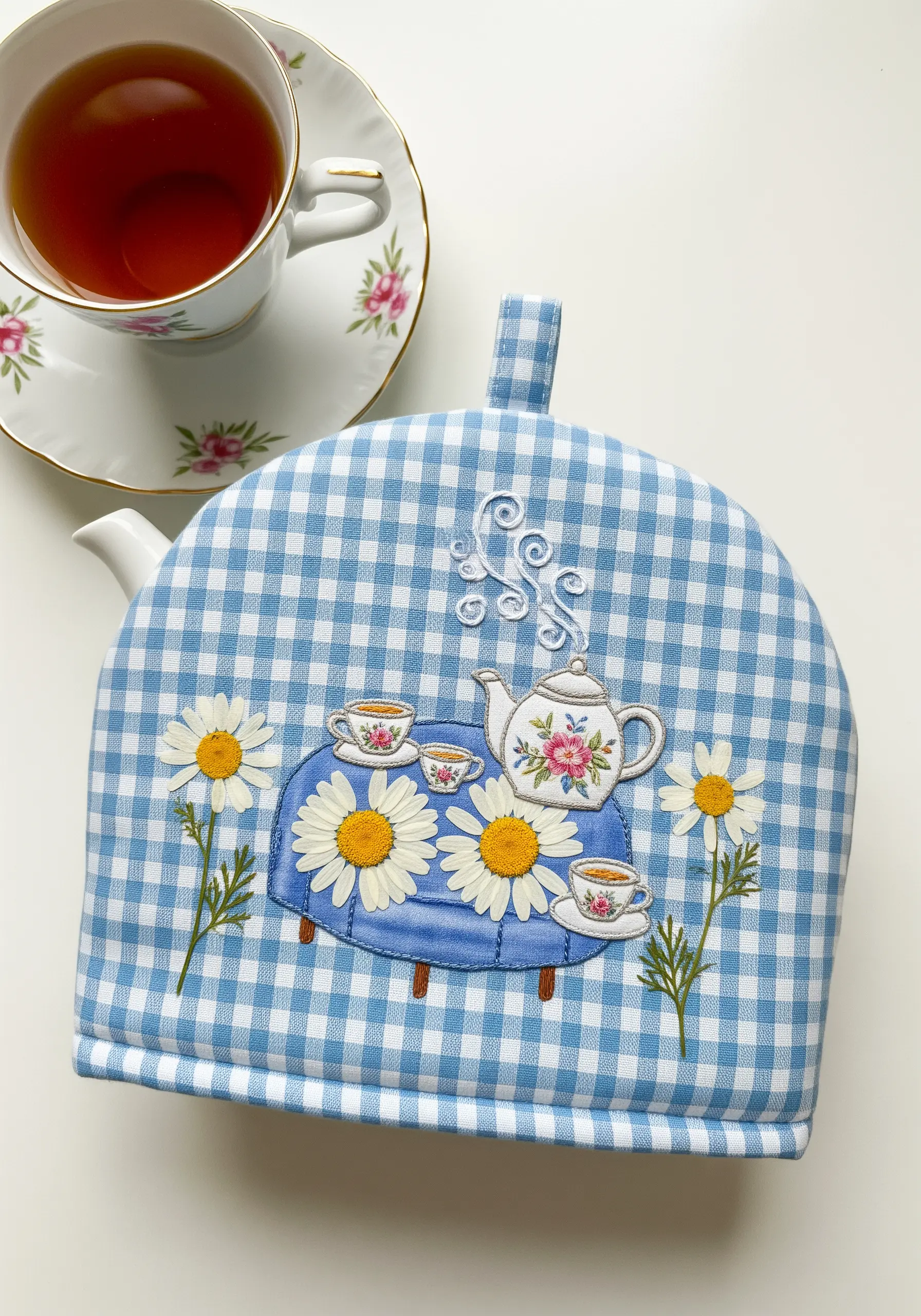 A tea cozy with an appliqué tea party scene, embellished with real pressed daisies.