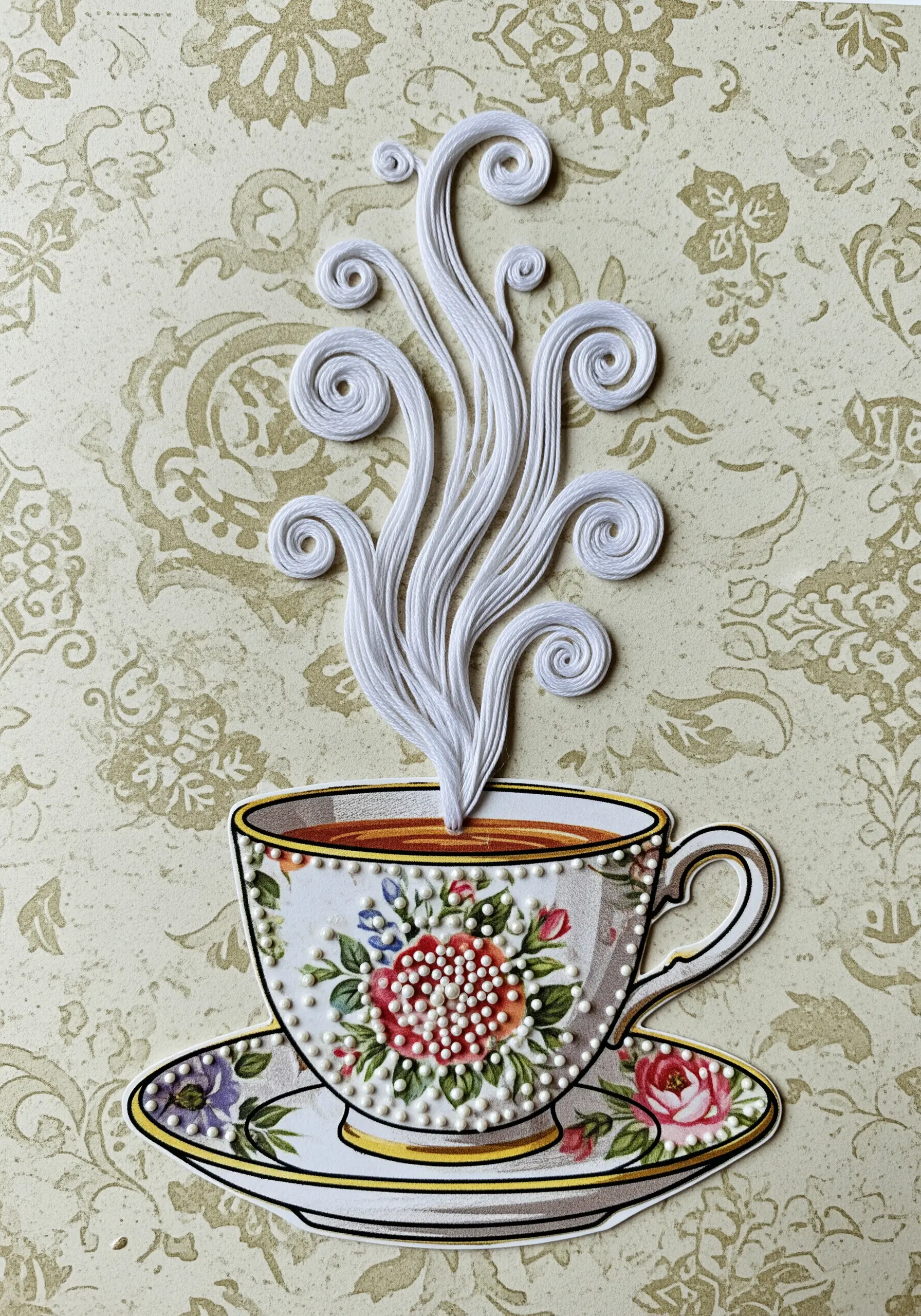A collage of a vintage teacup with paper quilling for steam and tiny beads for floral details.
