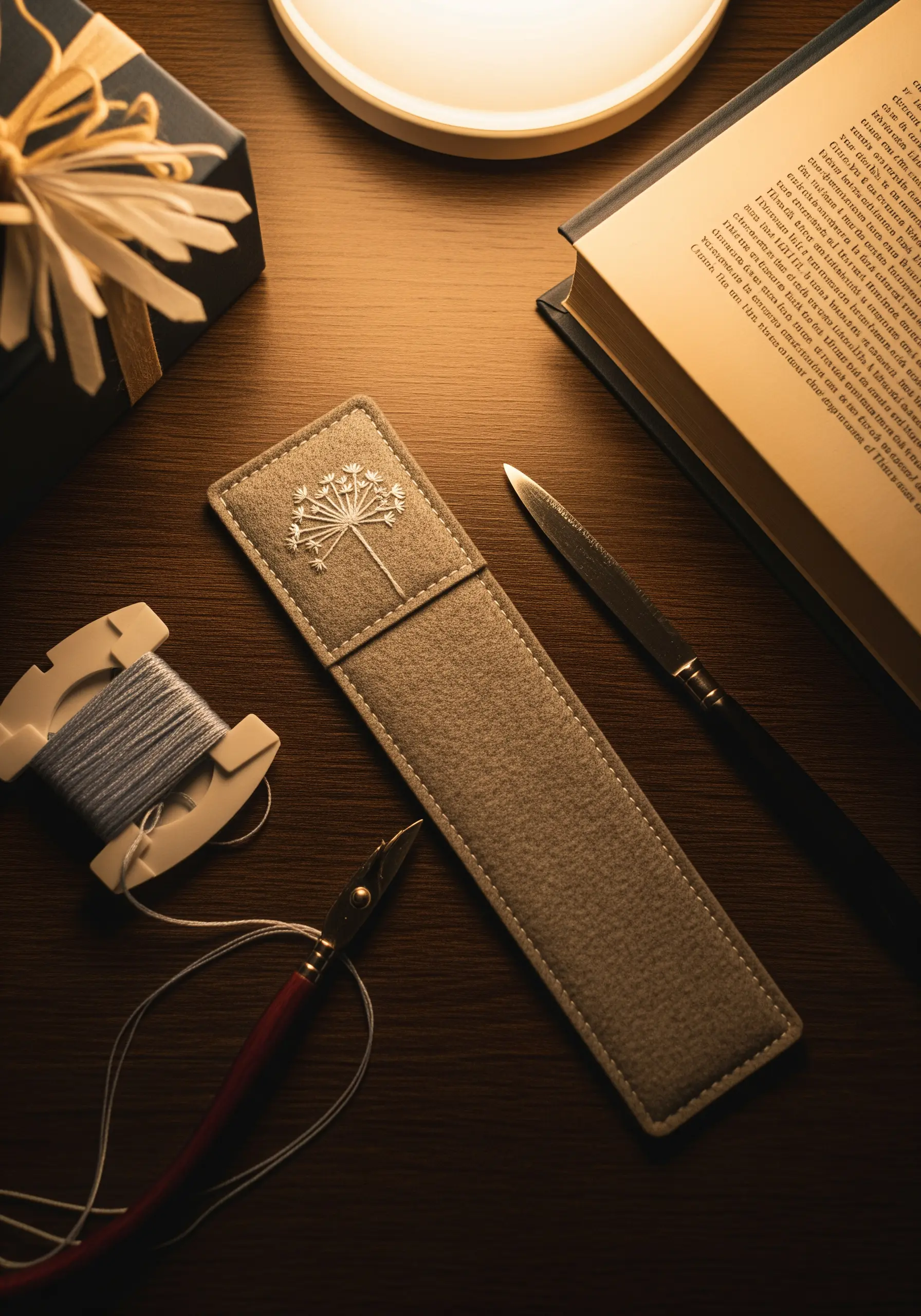 A delicate white dandelion seed head embroidered on a gray felt letter opener sleeve.