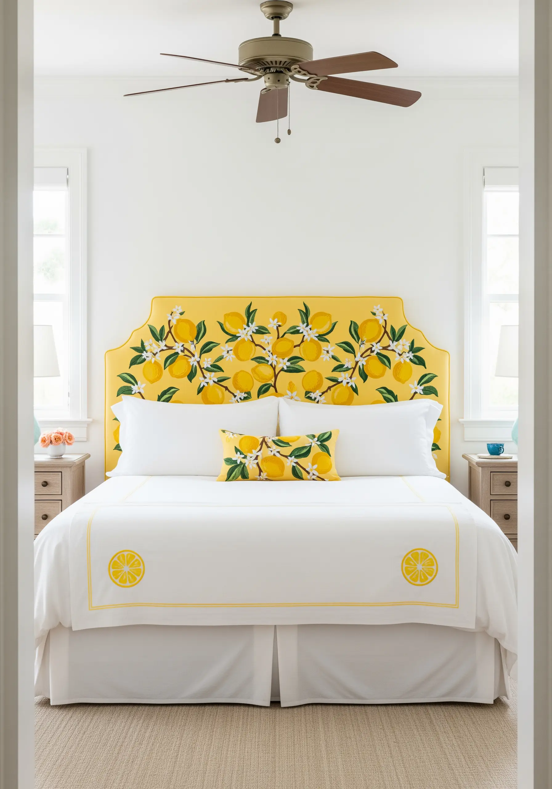 A vibrant yellow headboard embroidered with a pattern of lemons, leaves, and blossoms.
