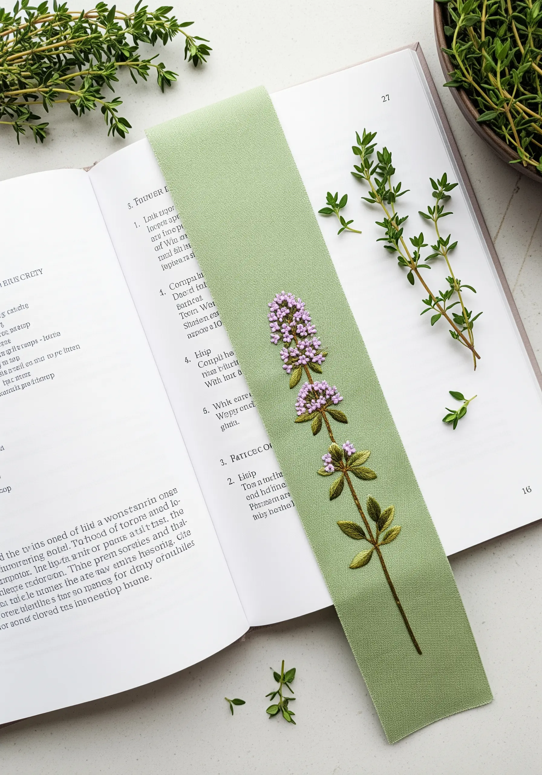A delicate sprig of flowering thyme embroidered down the length of a sage green bookmark.