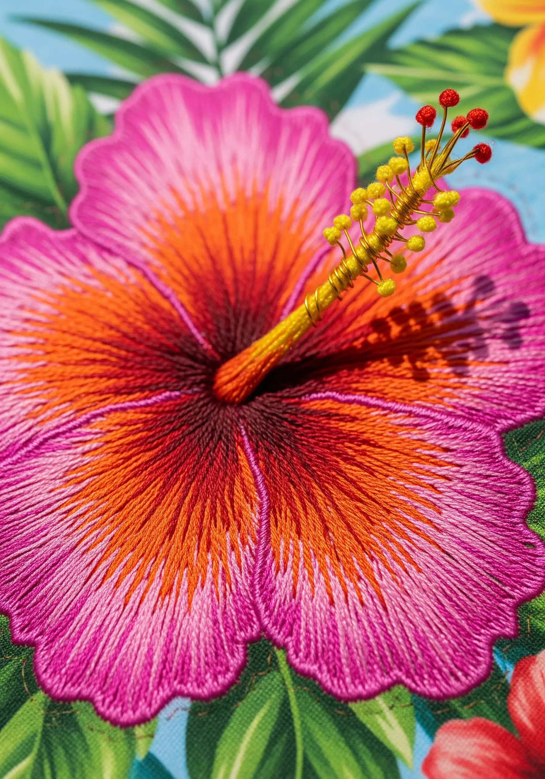 Pink and orange hibiscus embroidery with a 3D protruding stamen