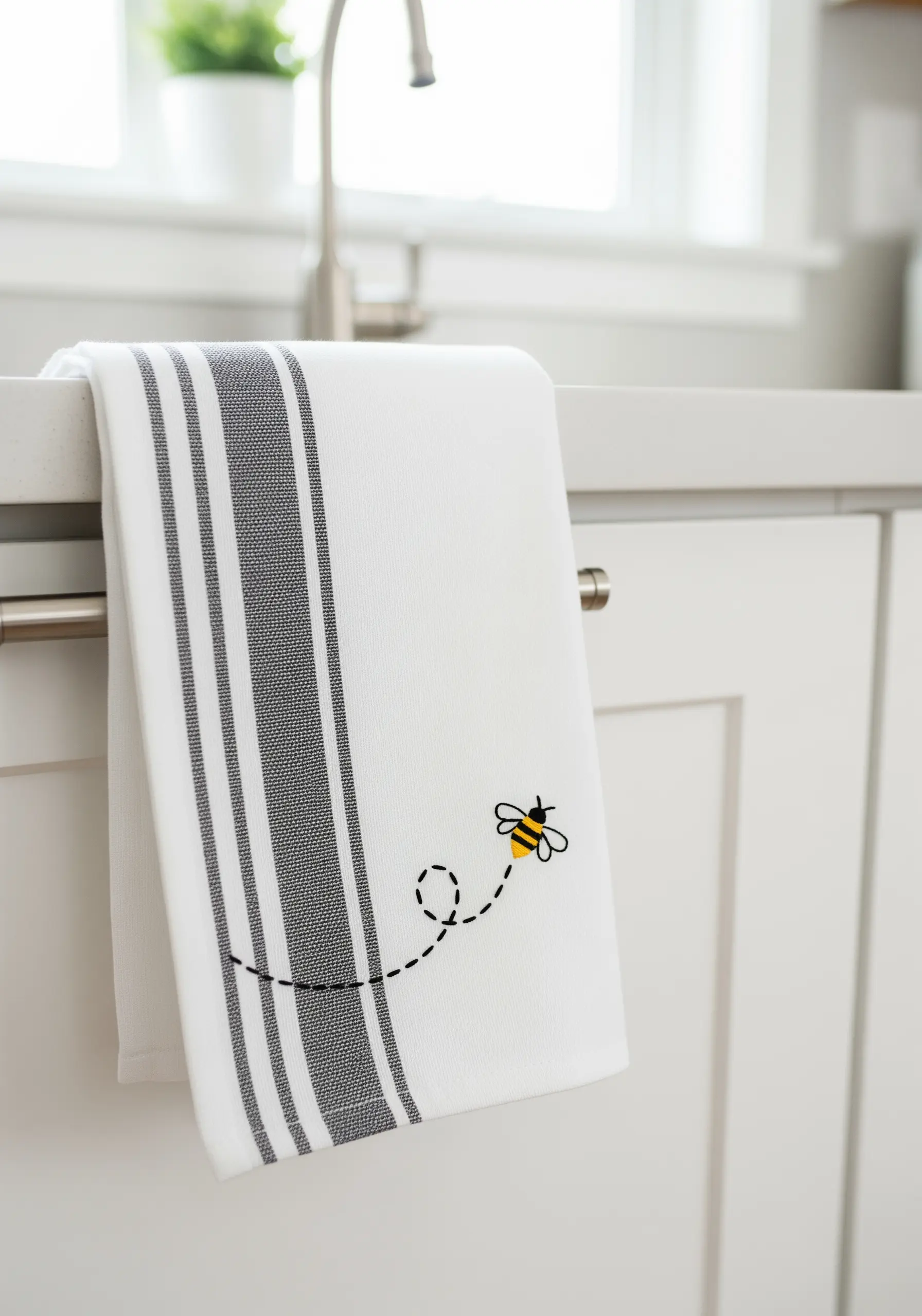 A small embroidered bee with a dotted flight path on a striped kitchen towel.