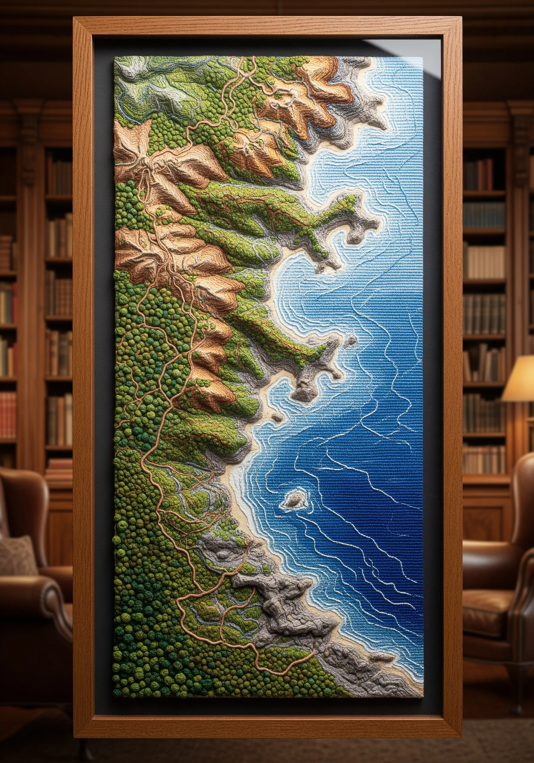 Topographical embroidery map of a coastline