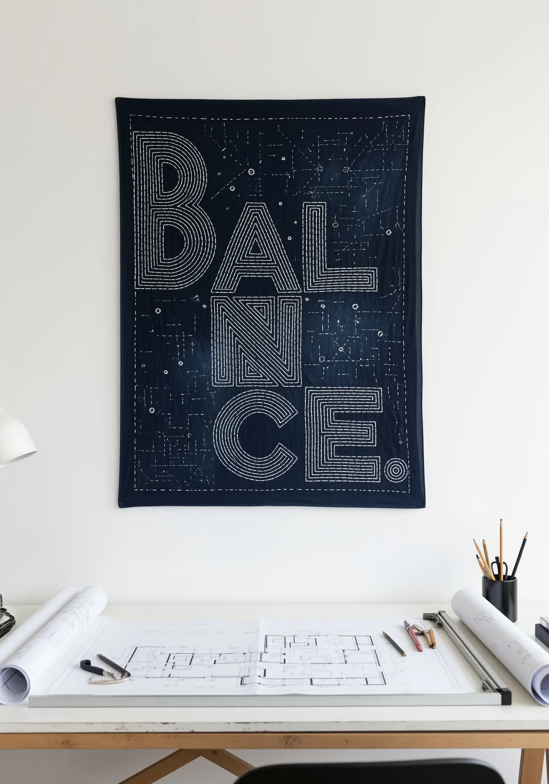 Indigo fabric with white Sashiko running stitch forming geometric text