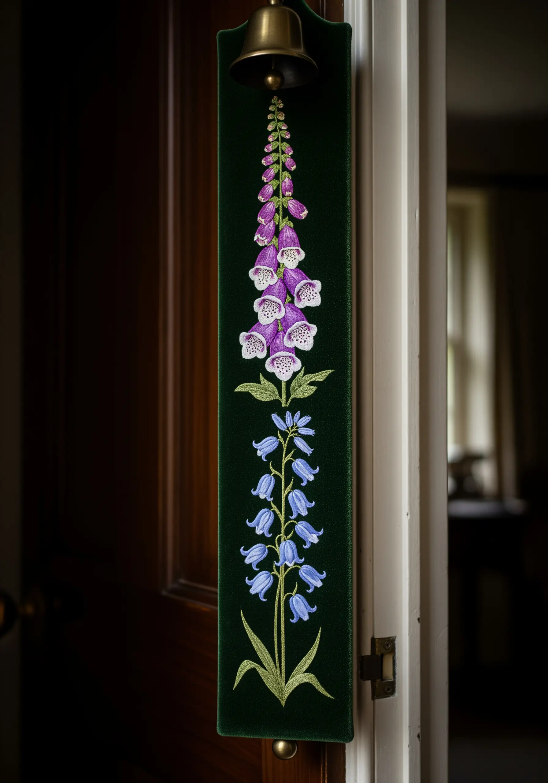 A dark green velvet bell pull embroidered with a vertical design of foxgloves and bluebells.