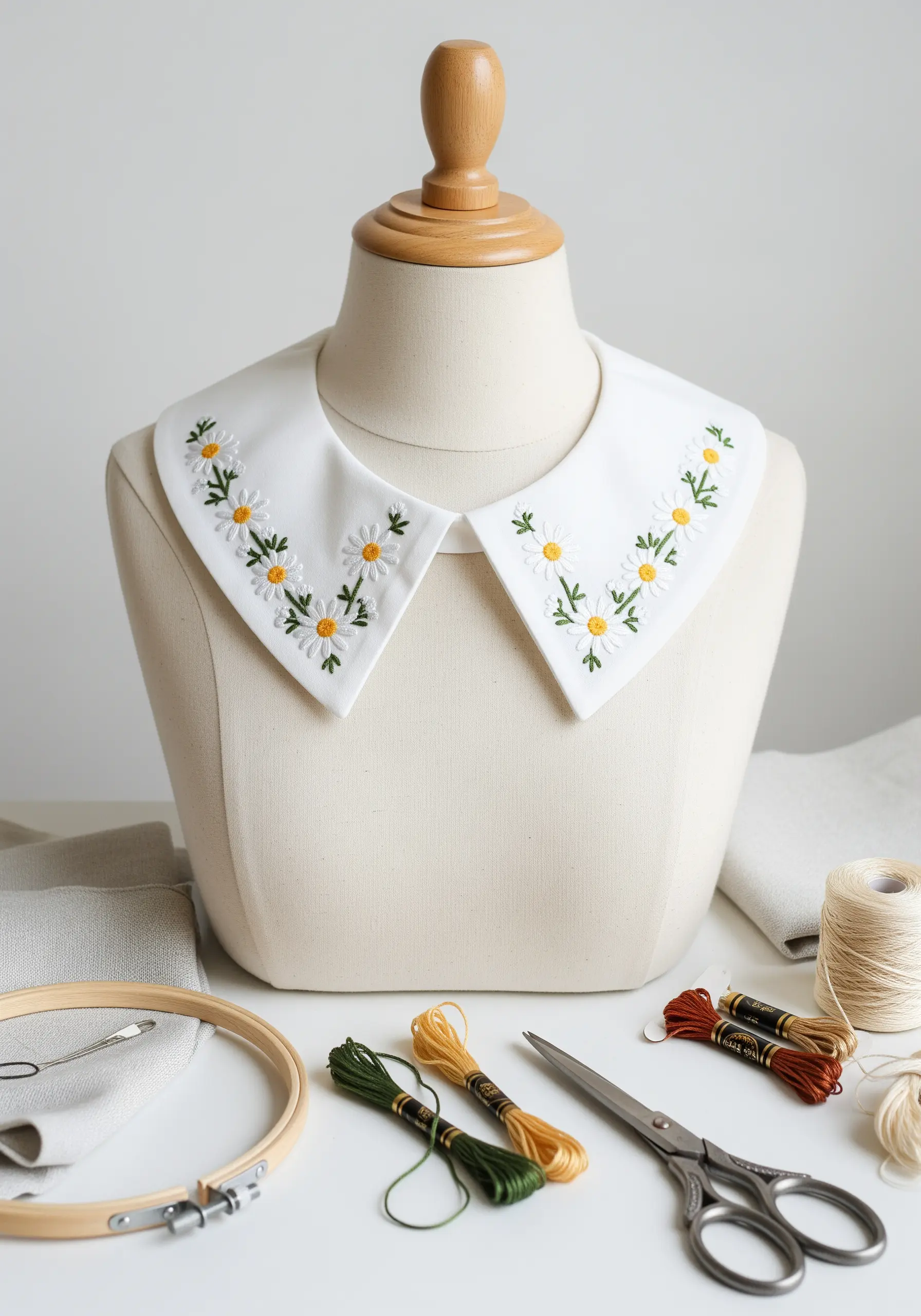 A crisp white detachable shirt collar embellished with hand-embroidered daisies.