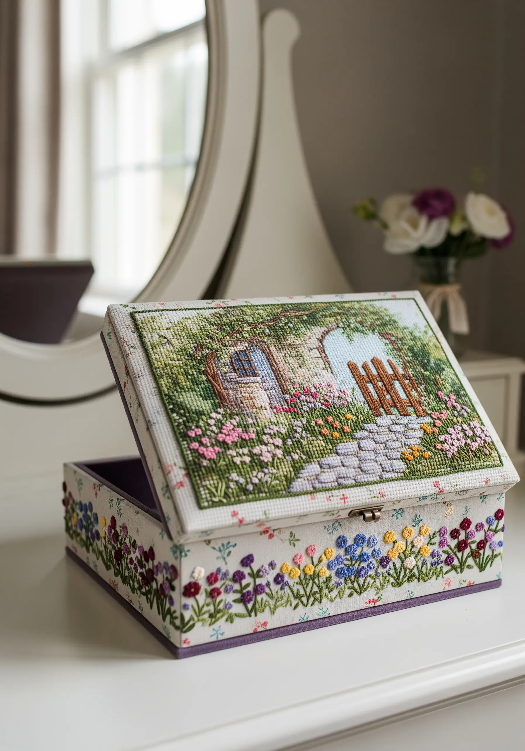 A jewelry box decorated with a cross-stitch garden scene on the lid and floral embroidery.