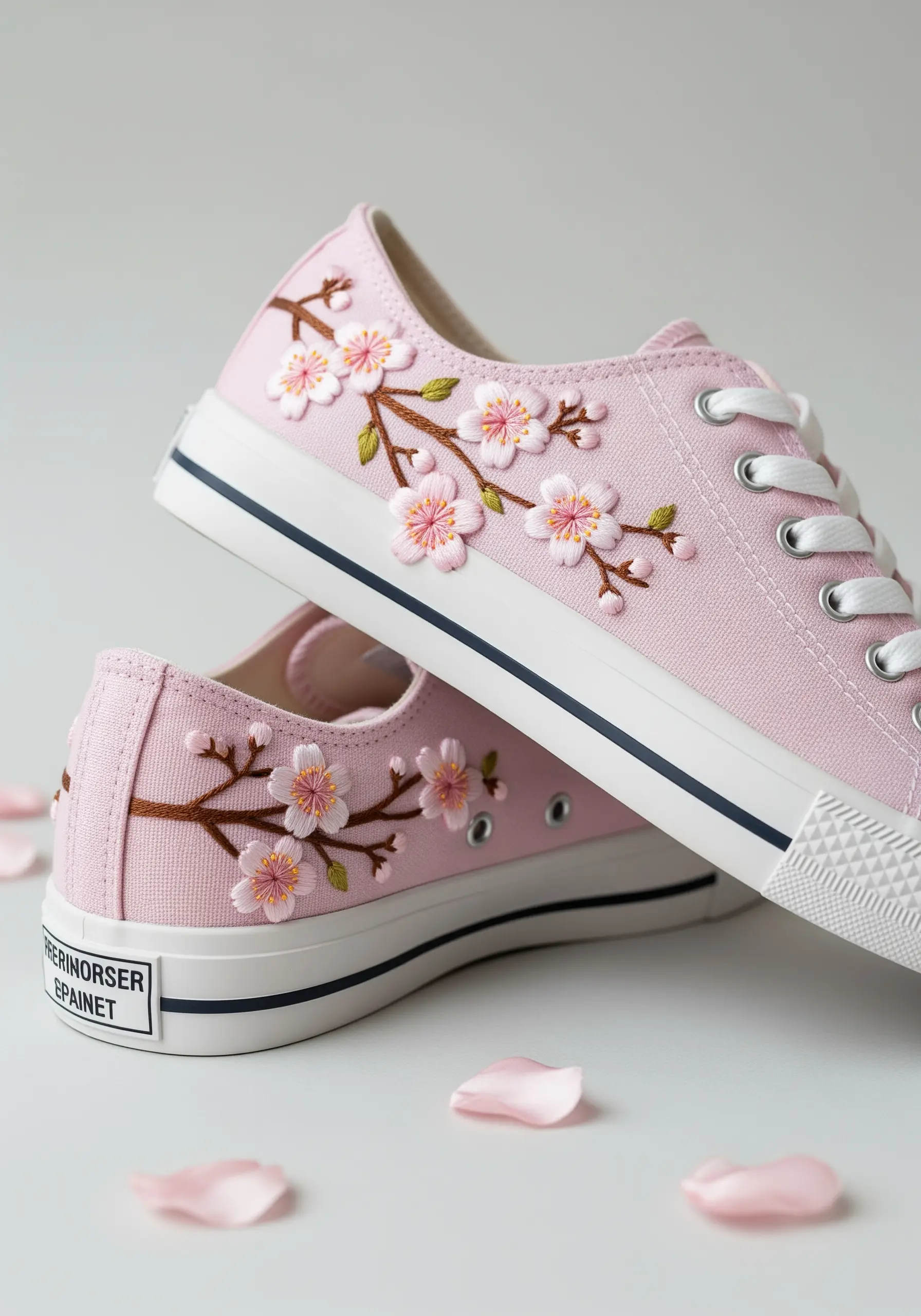 Pink canvas sneakers embellished with embroidered cherry blossom branches and flowers.