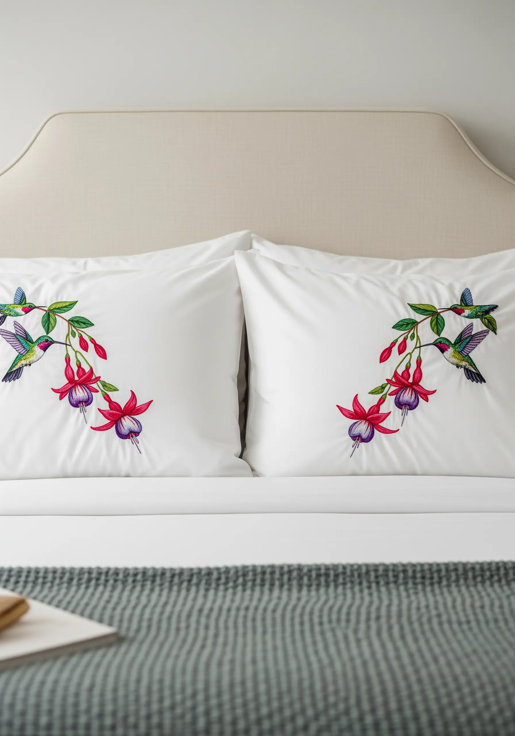 White pillowcases with colorful embroidery of hummingbirds feeding from pink and purple fuchsia flowers.