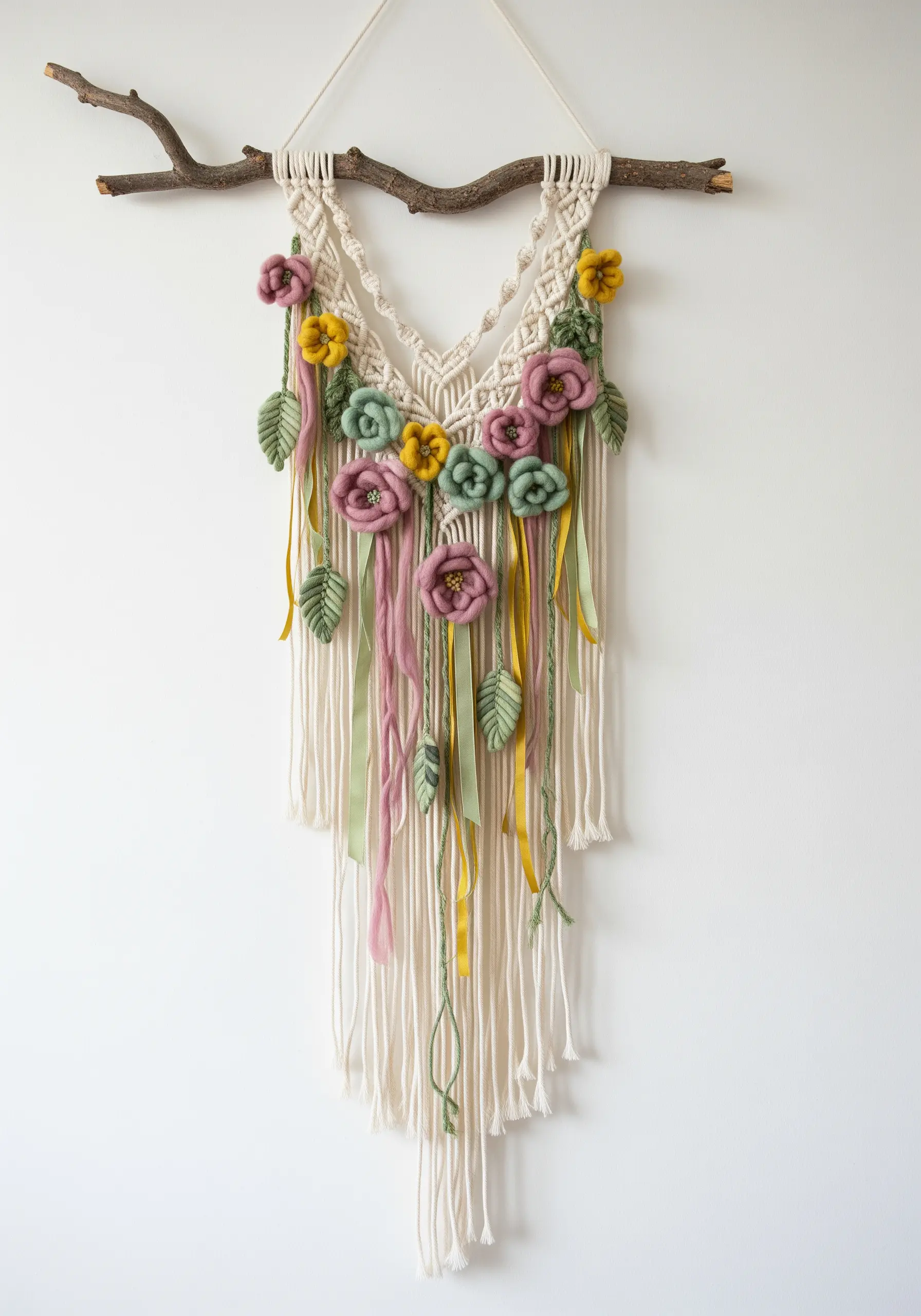 Macrame wall hanging on a branch, adorned with handmade felt flowers, leaves, and ribbons.
