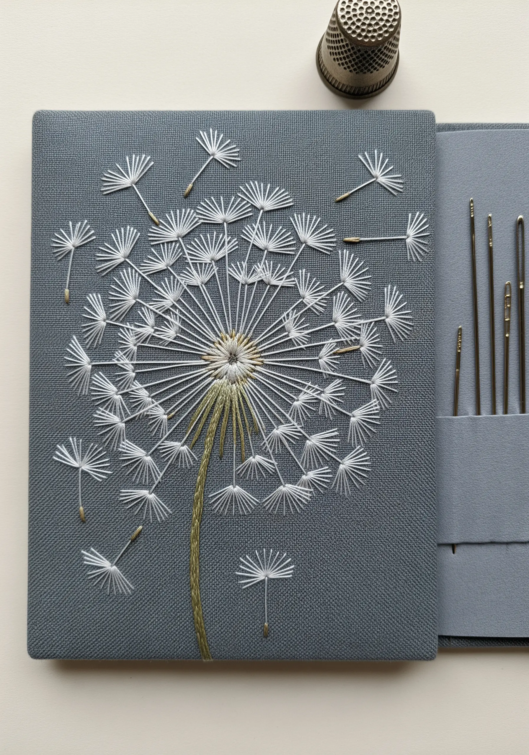 An embroidered dandelion head with seeds blowing away, stitched in white on gray fabric.