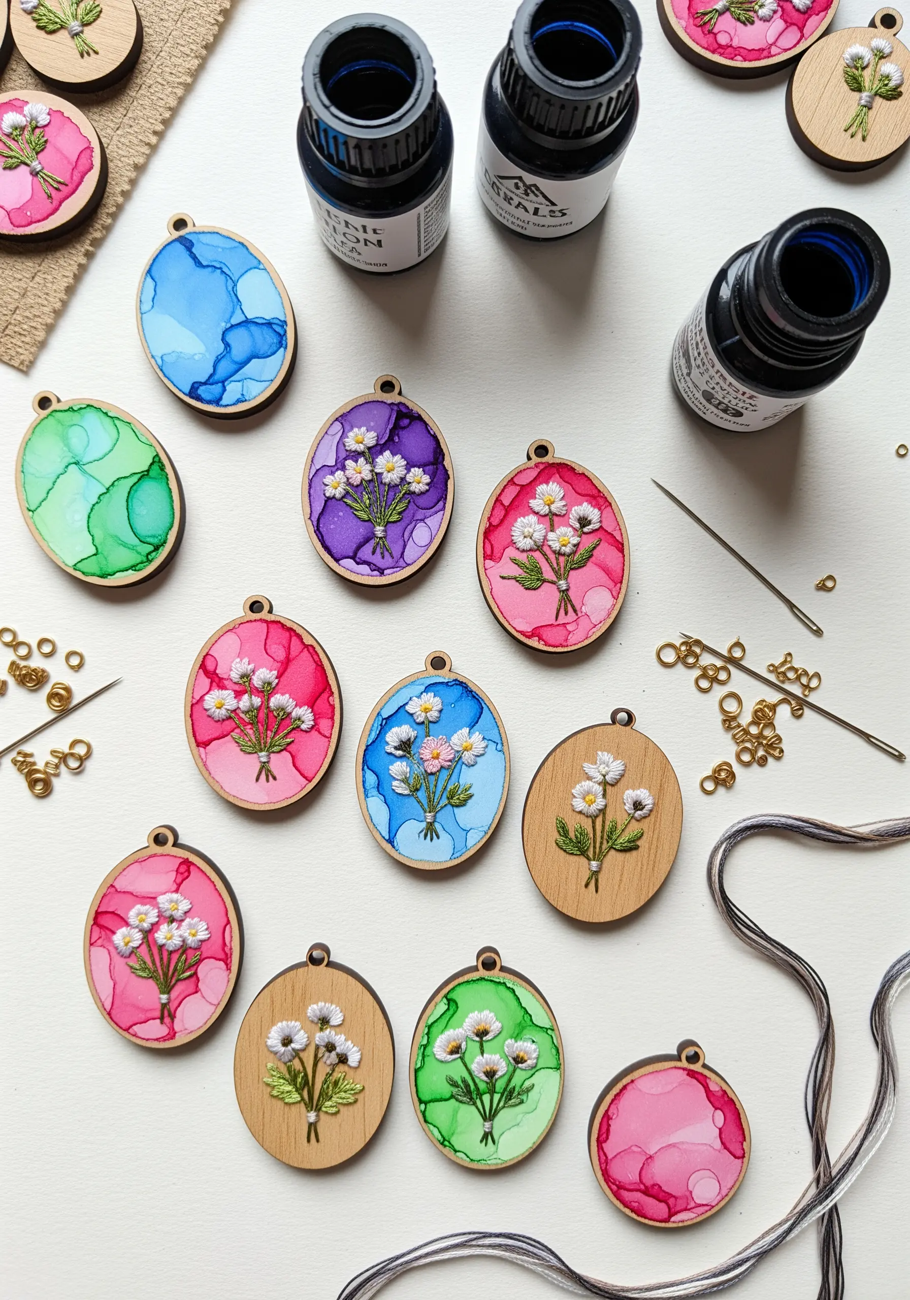 Small wooden pendants with alcohol ink backgrounds and tiny embroidered flower bouquets.