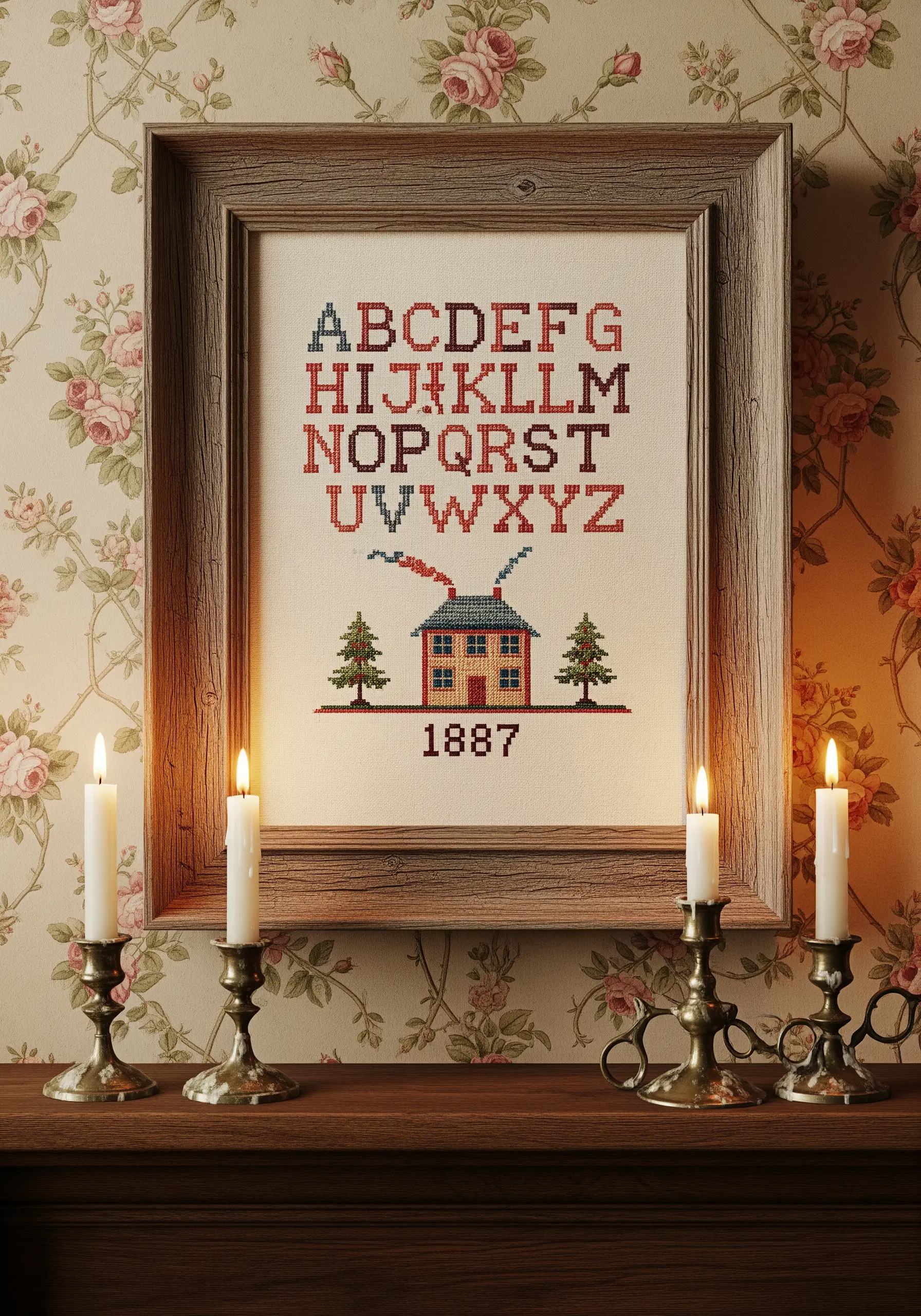 Framed cross stitch alphabet sampler with house motif