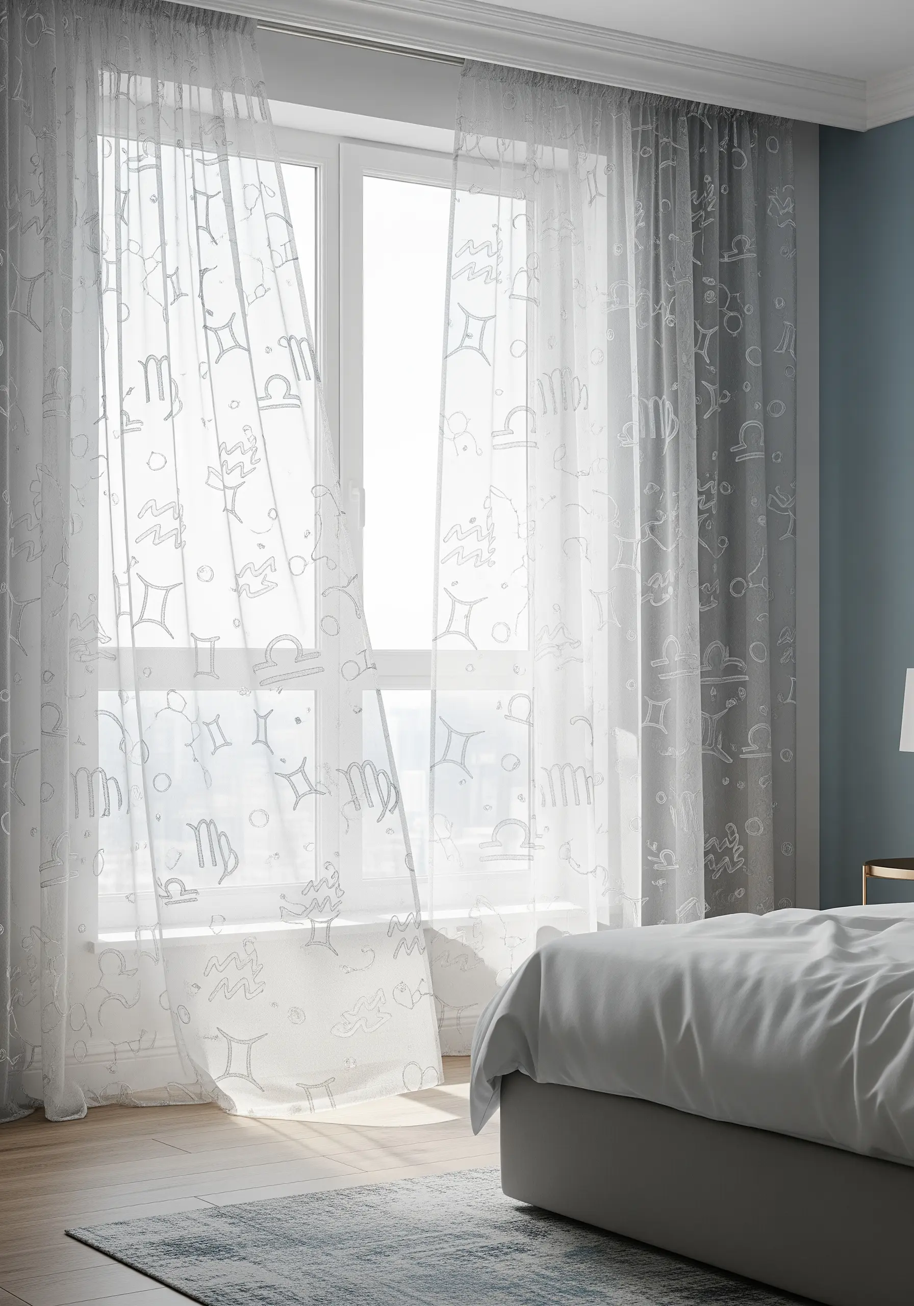 Sheer white curtains embroidered with a scattered pattern of white zodiac symbols.