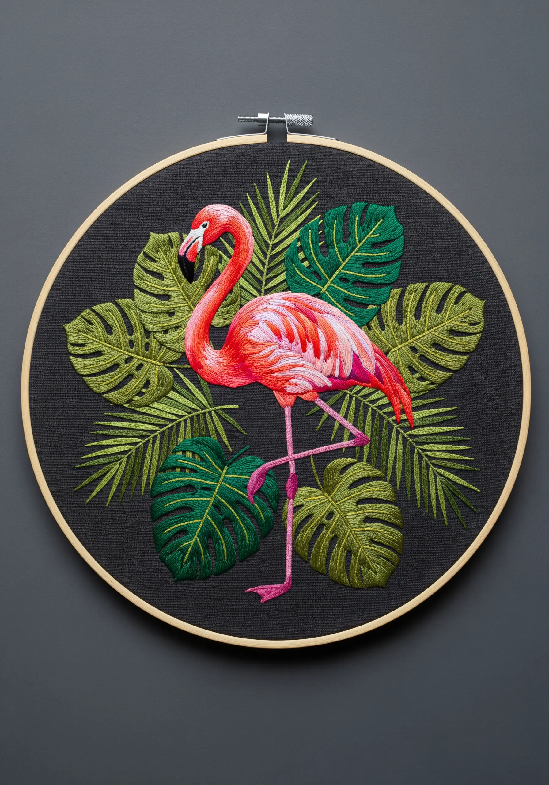 A bright pink flamingo surrounded by tropical leaves, embroidered on dark grey fabric for high contrast.