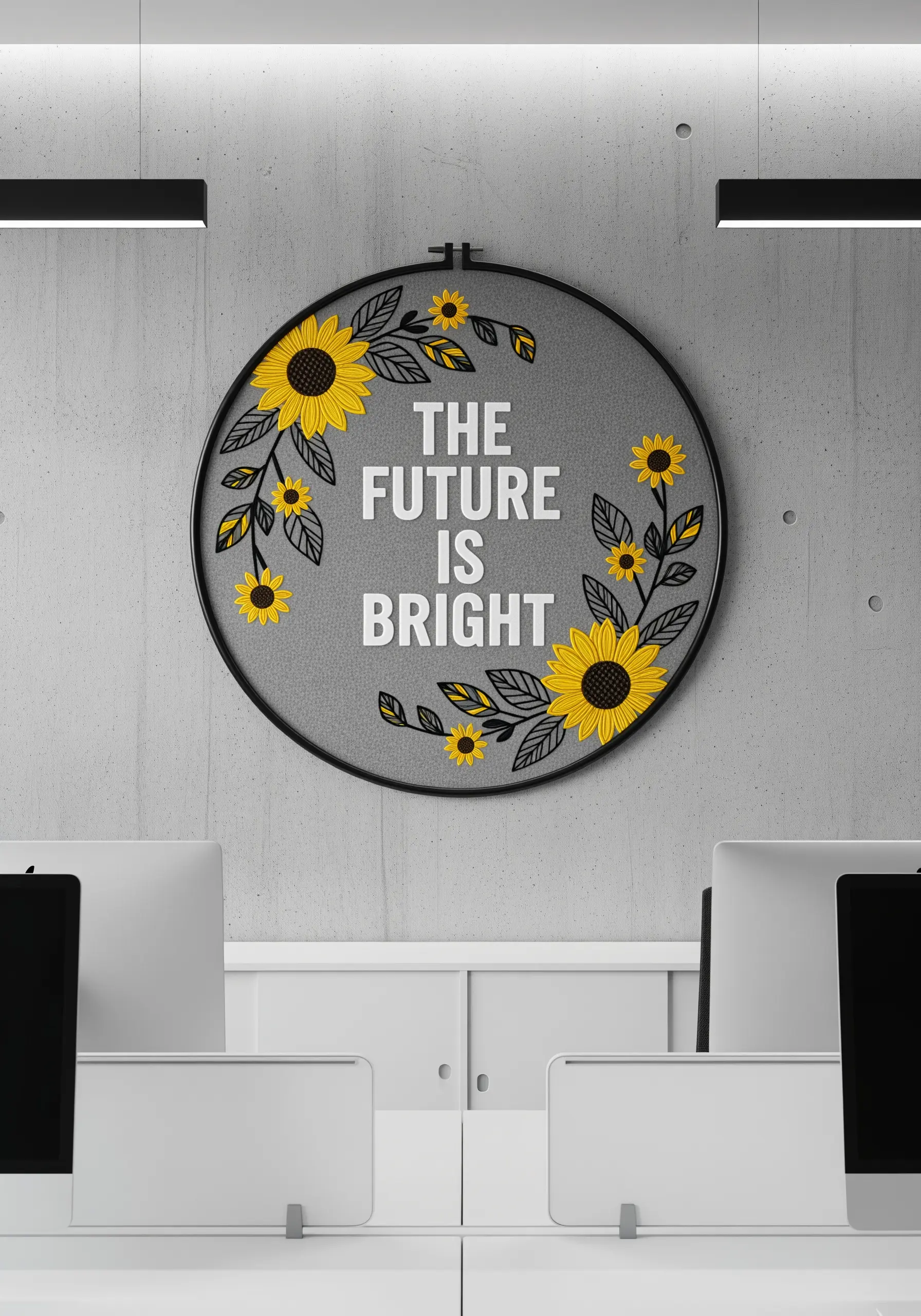 Embroidered quote on gray fabric with bold yellow sunflowers and black outlines.