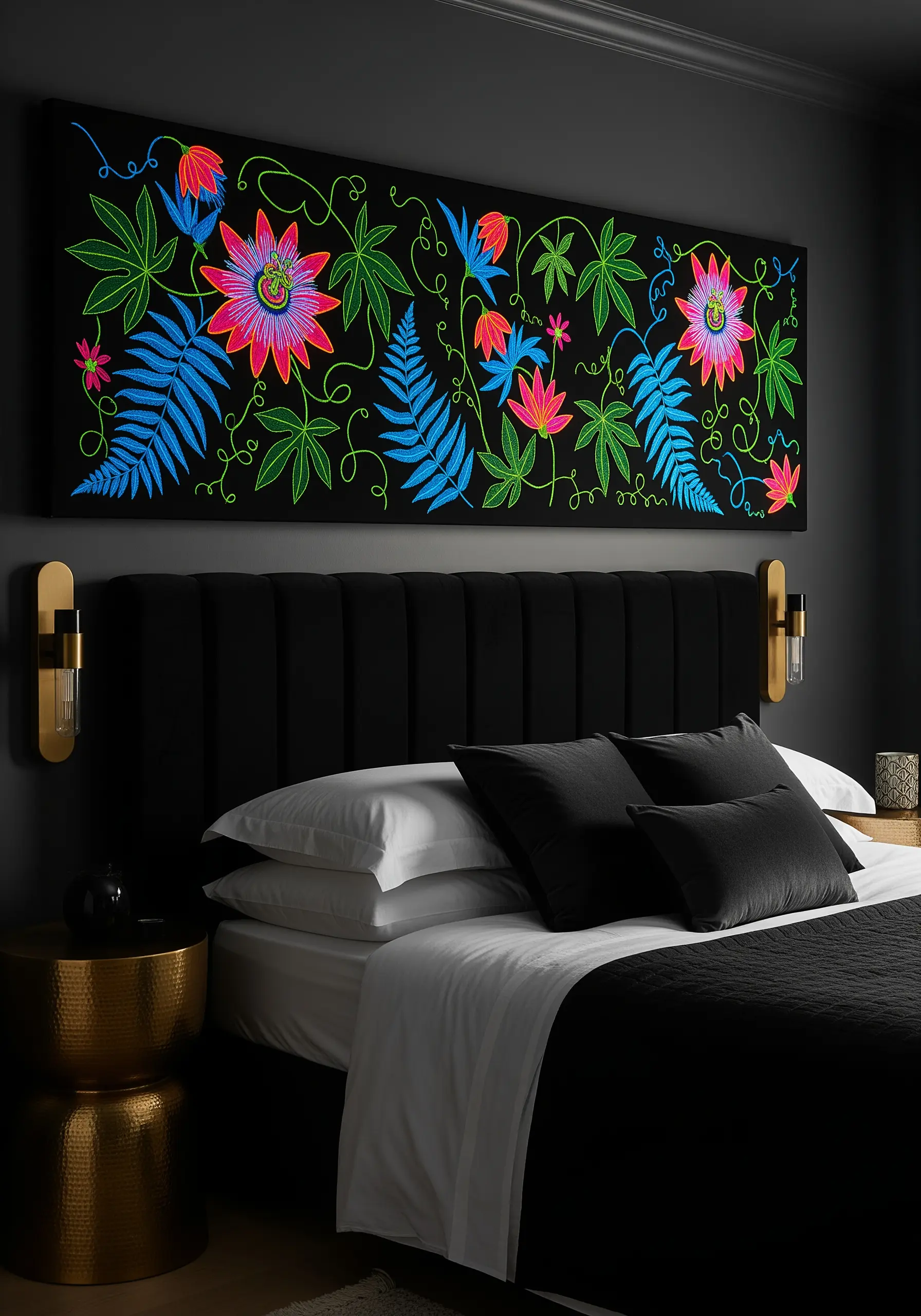 Vibrant neon floral embroidery on a black panoramic panel above a modern black headboard.
