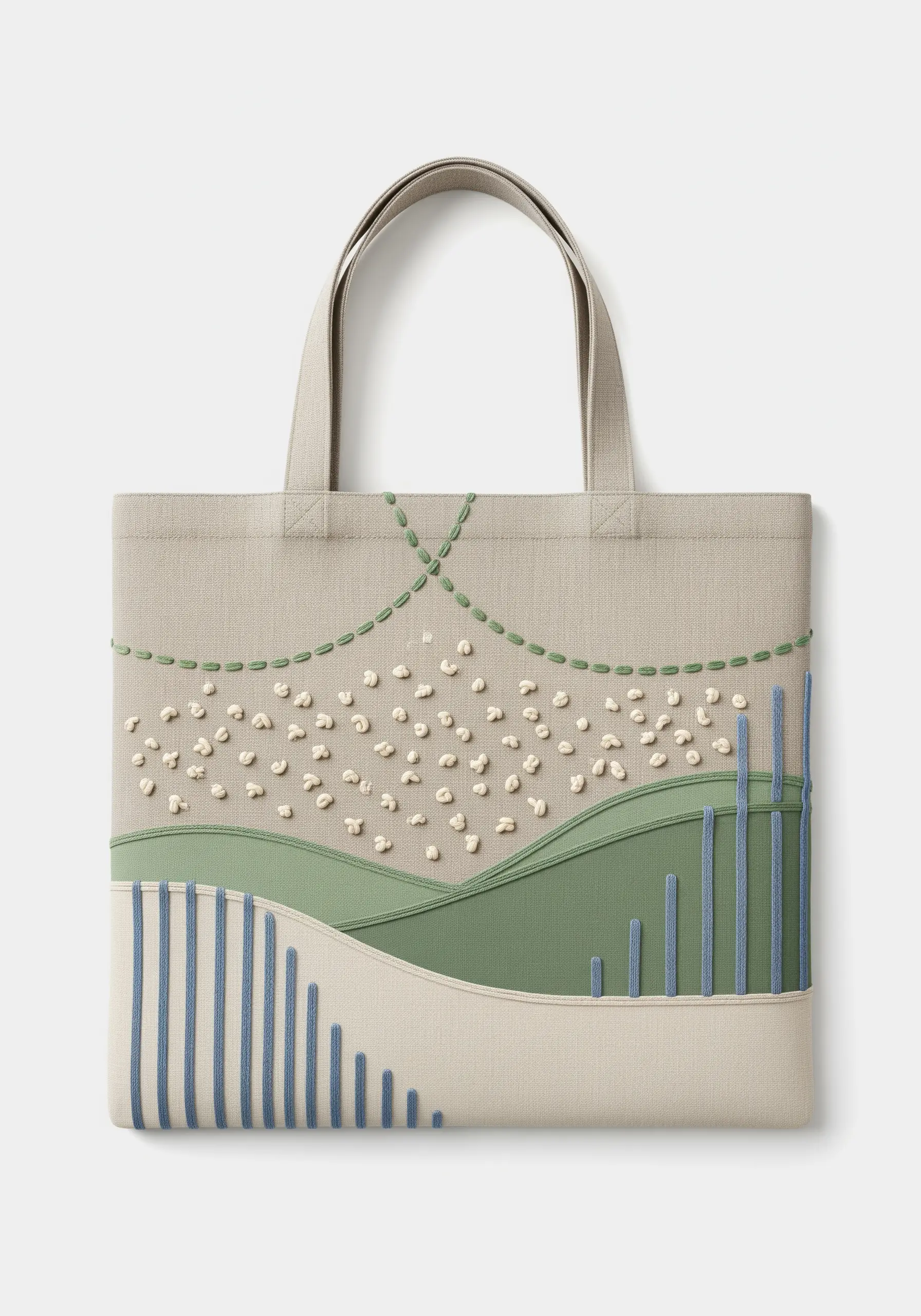 An abstract landscape on a linen tote, using layered fabric appliqué and simple embroidered details.