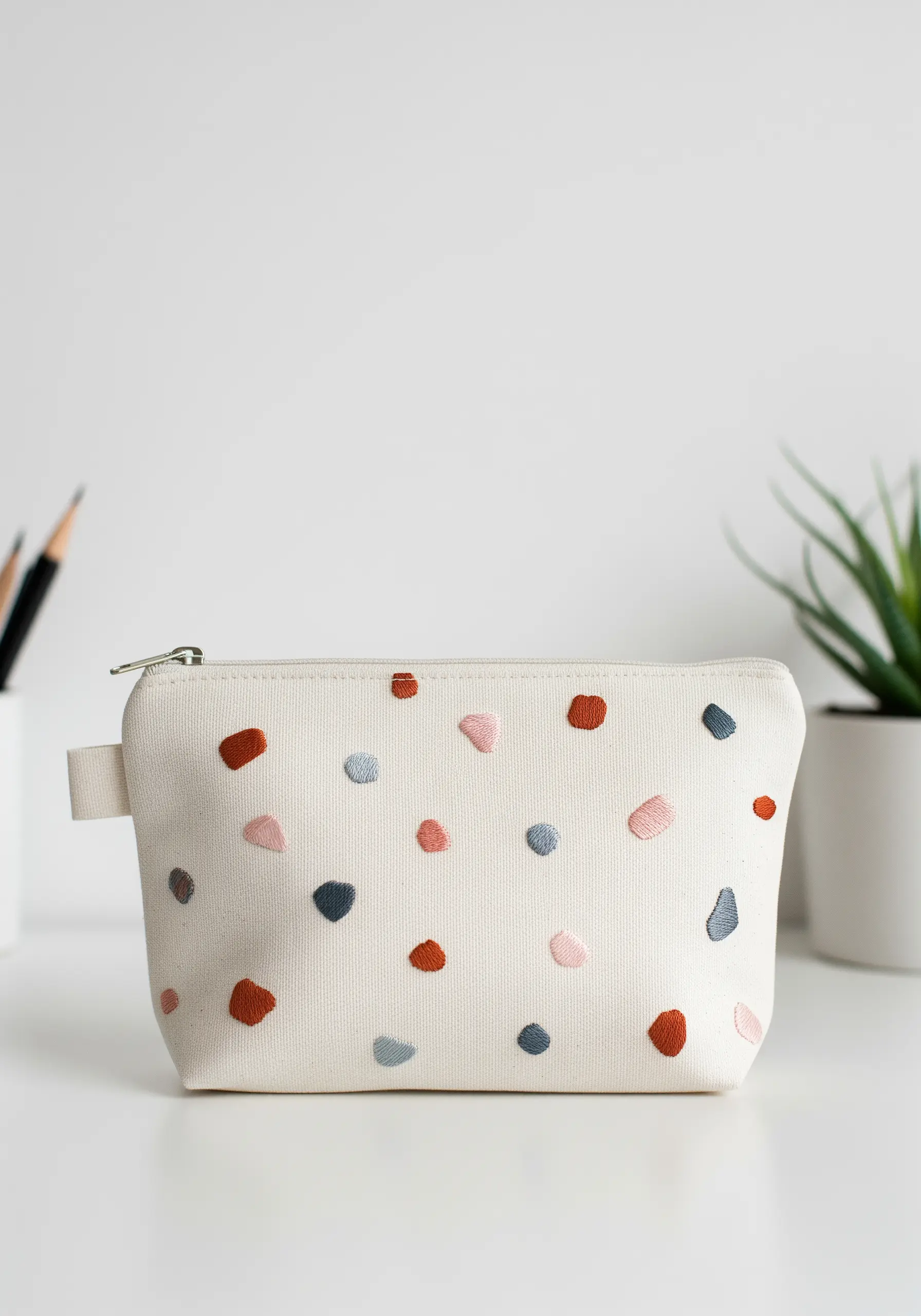 A scattered pattern of small, abstract satin stitch dots in earthy tones on a canvas pouch.