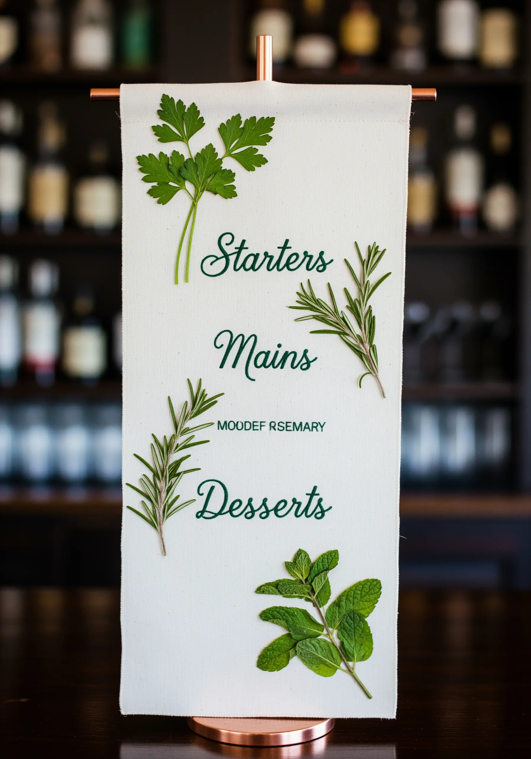 Hanging fabric menu with embroidered text and sprigs of pressed parsley, rosemary, and mint.