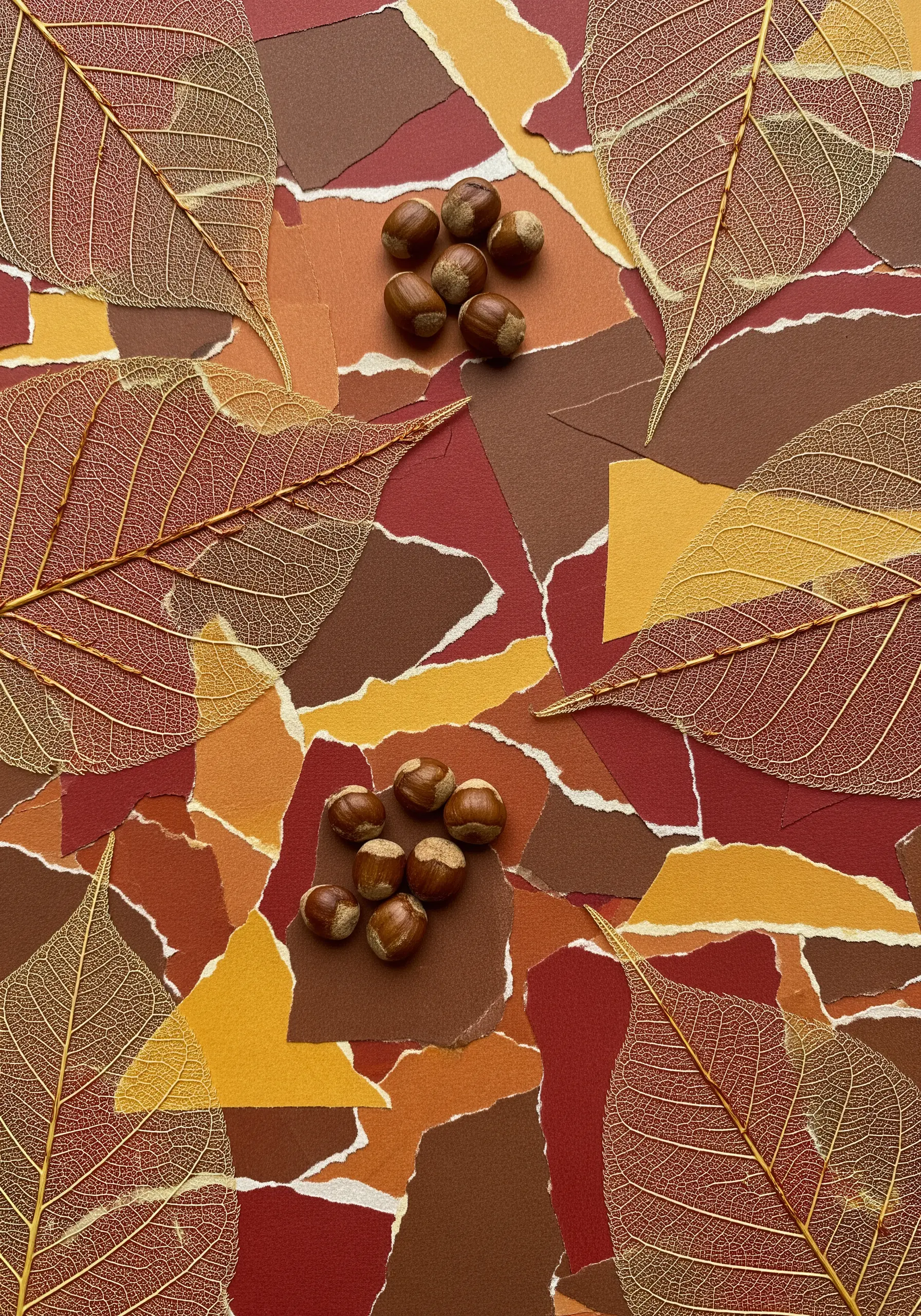 An autumn-themed collage of torn paper, skeleton leaves, and hazelnuts.