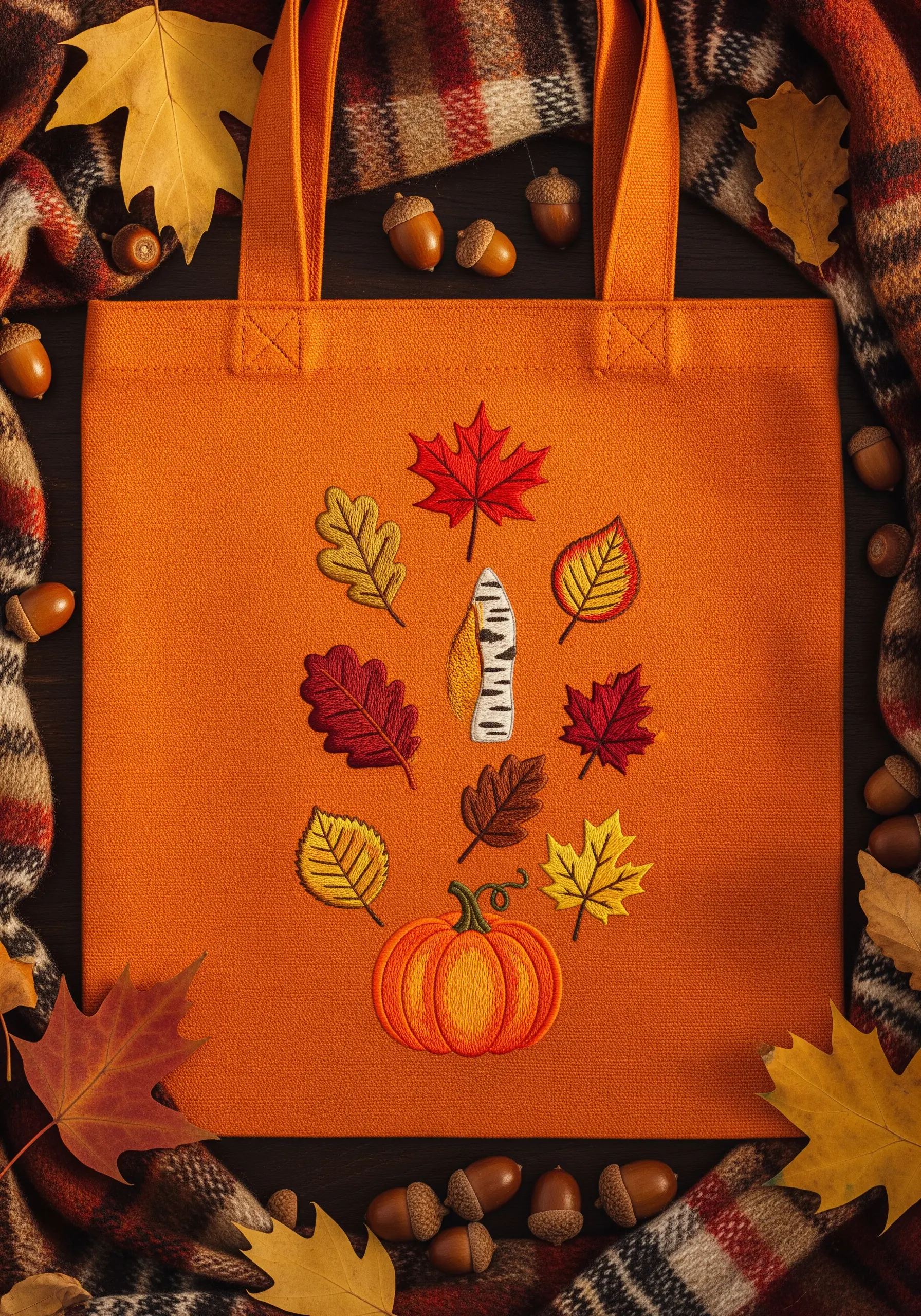An assortment of embroidered autumn leaves and a pumpkin on an orange tote bag.