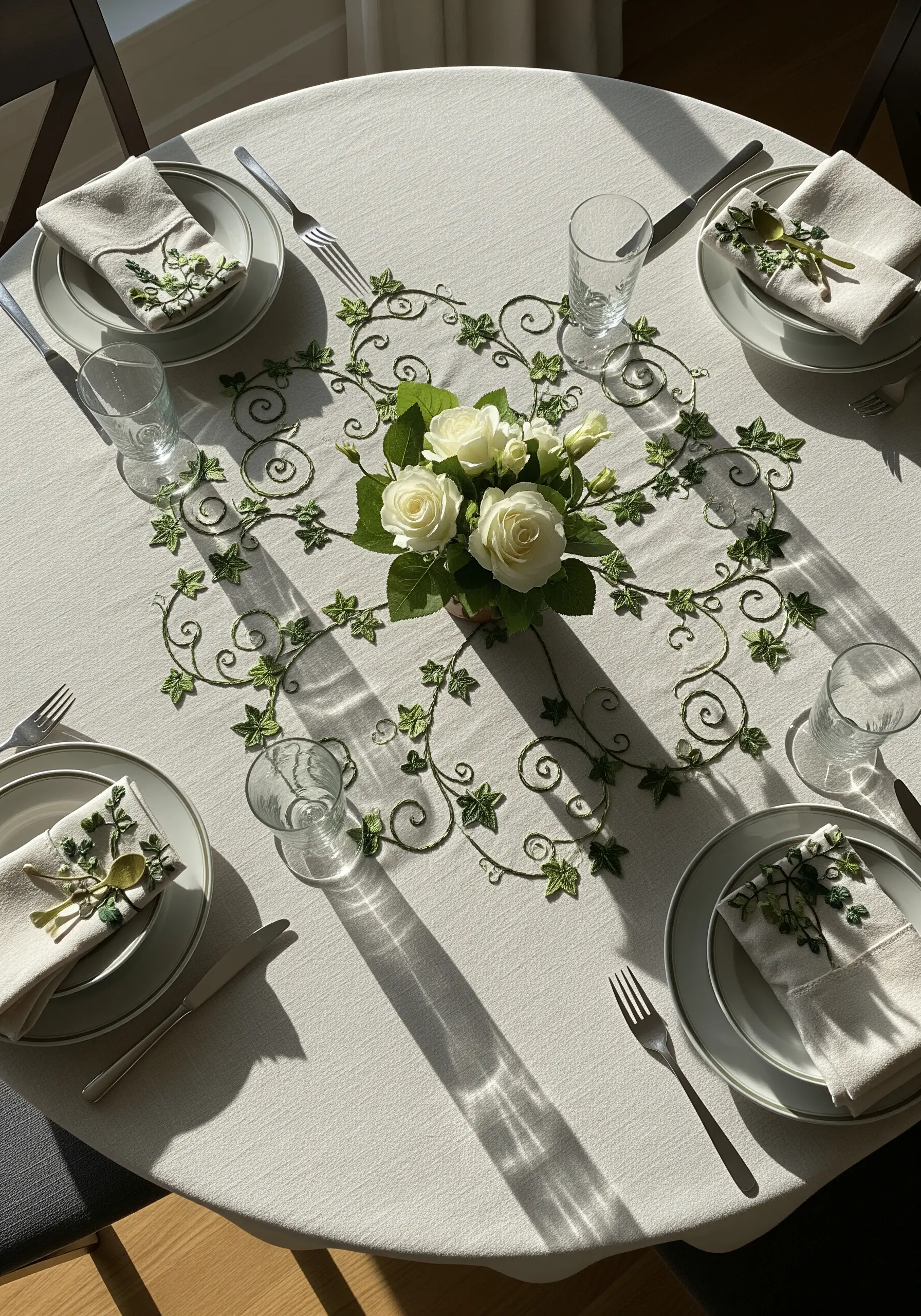Embroidered ivy vine mandala with beaded details on a white tablecloth.