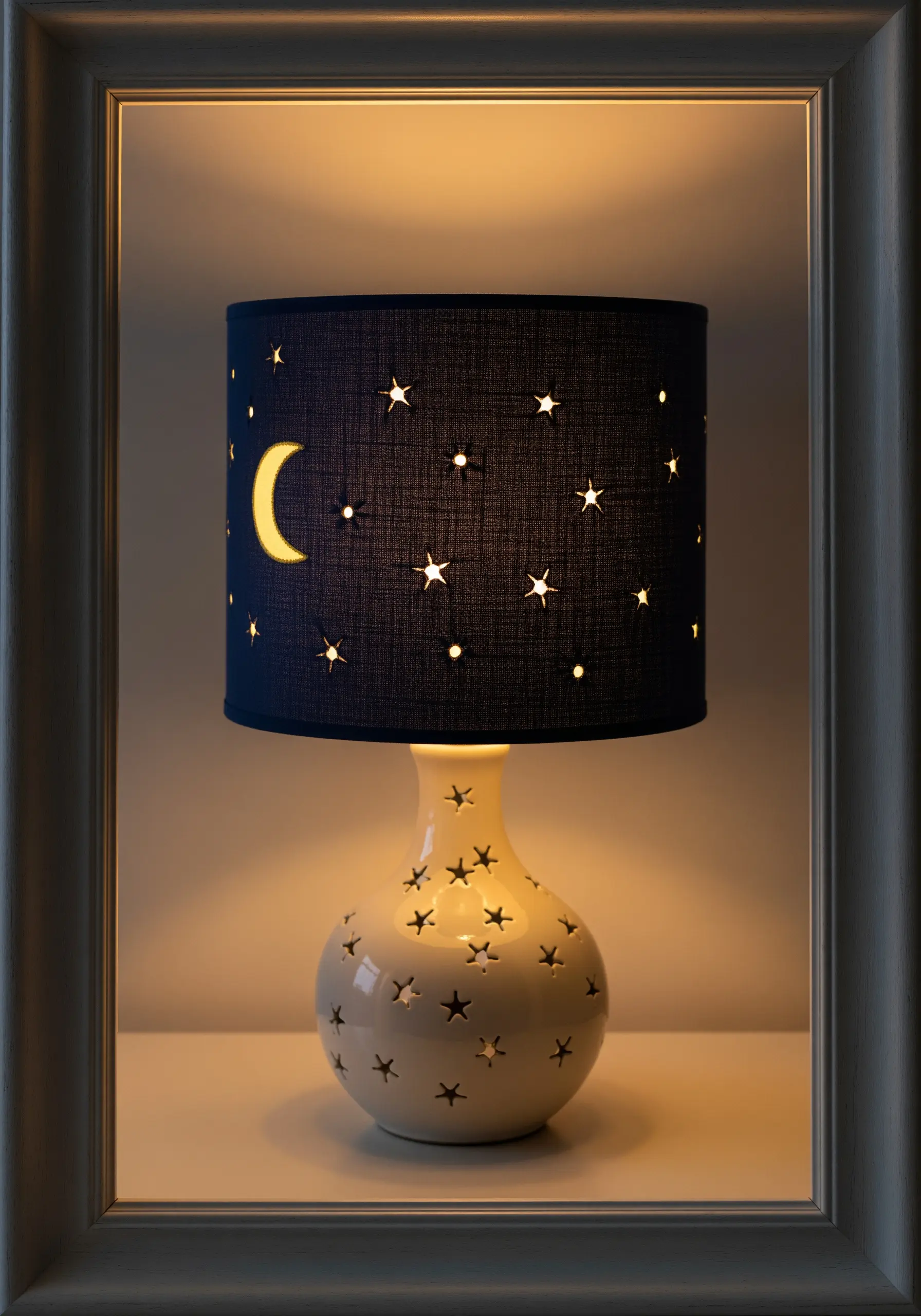 A navy blue lampshade with an embroidered moon and tiny star-shaped cutouts that glow.