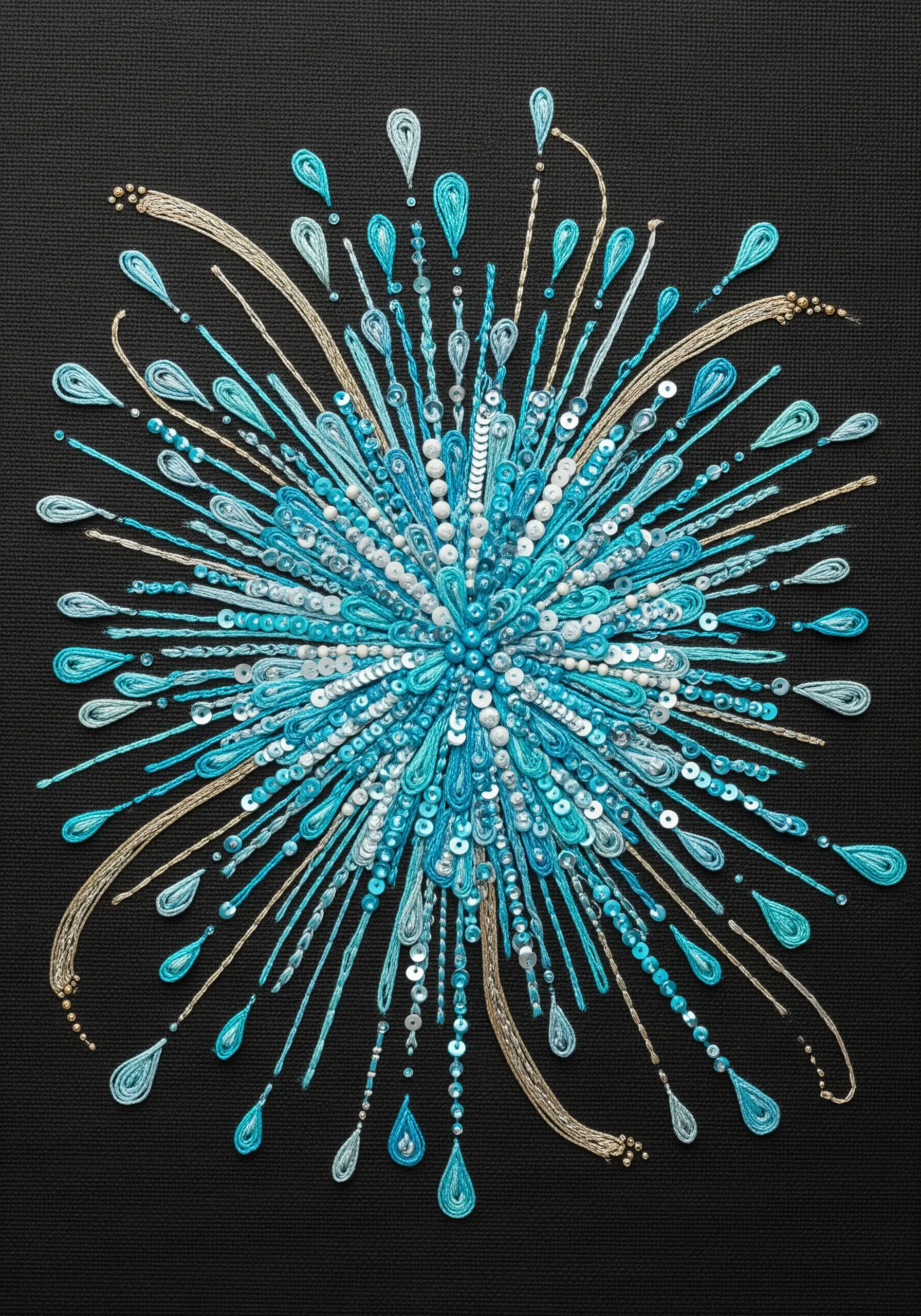 An embroidered burst of turquoise and silver beads and threads on a black background.