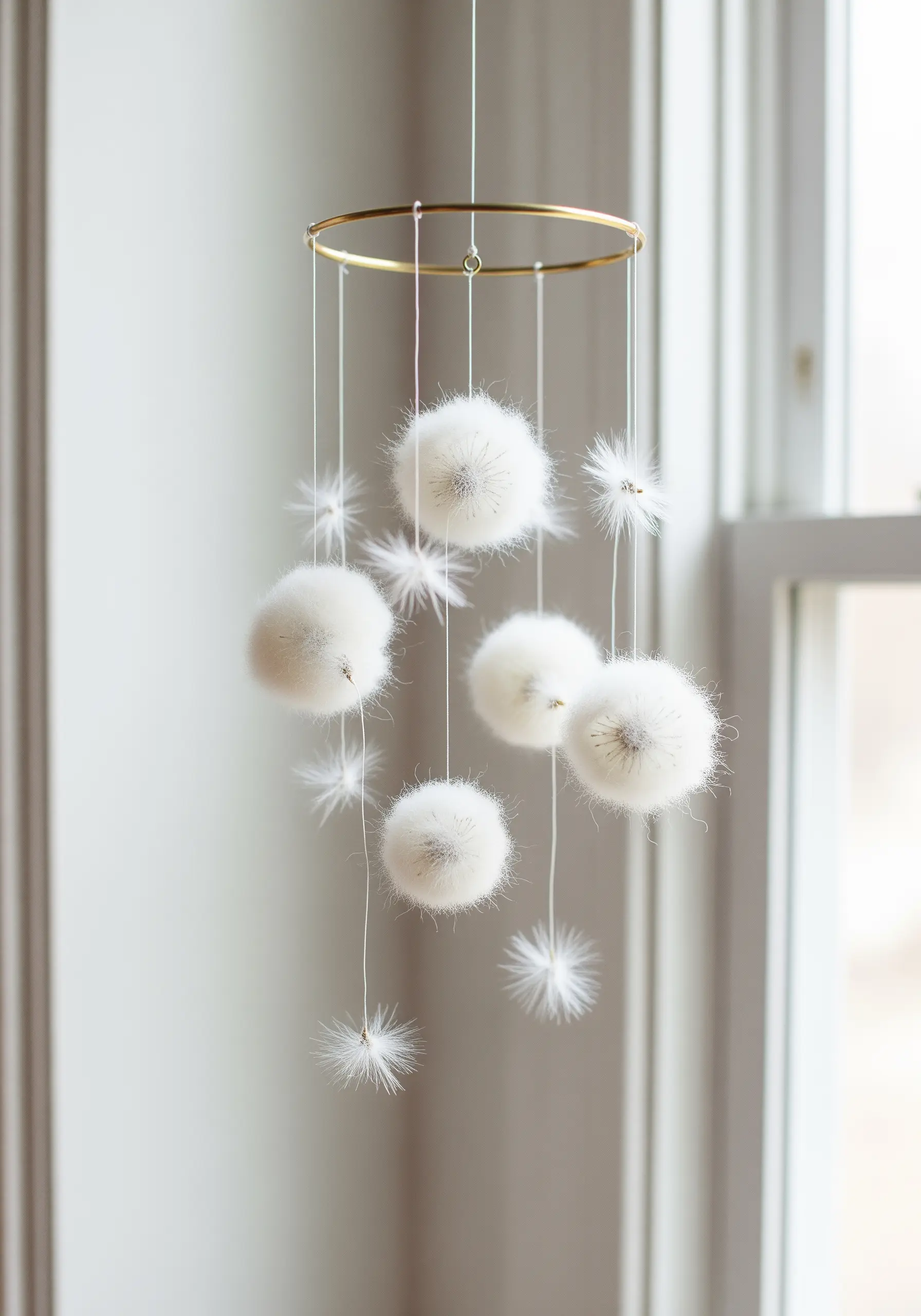 A delicate mobile made from fluffy white yarn pom-poms resembling dandelion seeds.