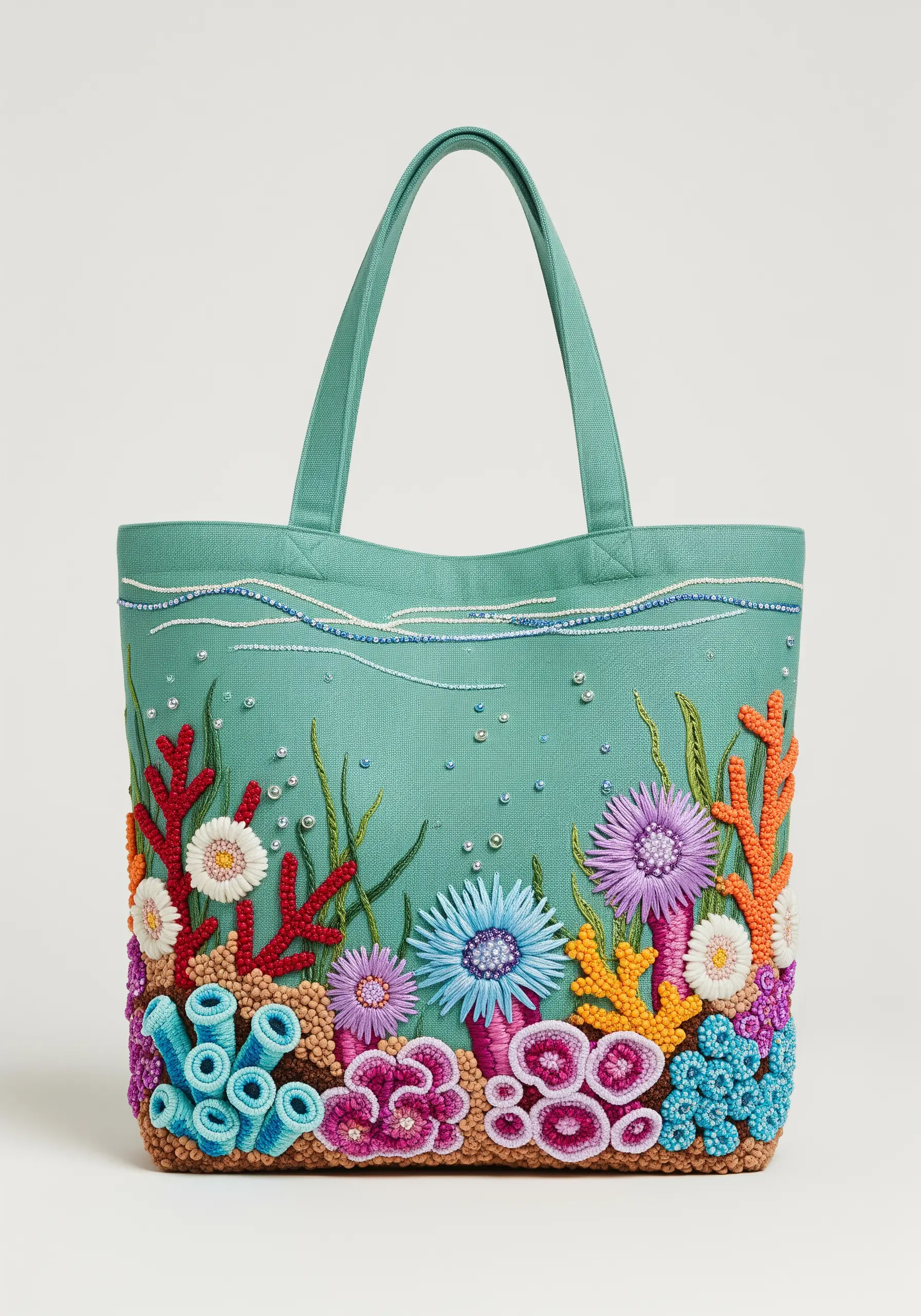 A vibrant, 3D embroidered coral reef scene on a teal tote bag, featuring various textured stitches.