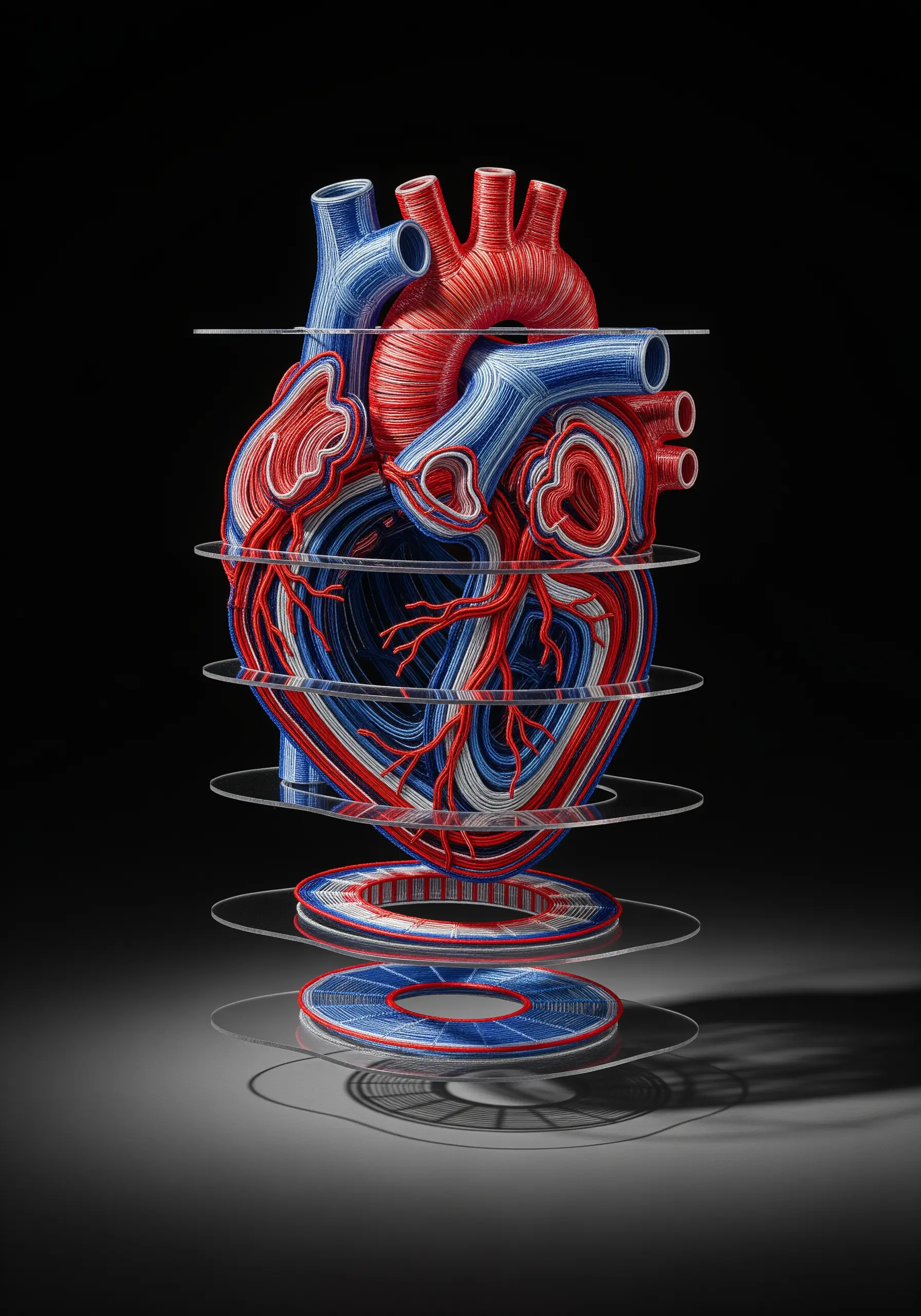 An anatomical heart sculpture made of stacked layers of threadwork on transparent sheets.