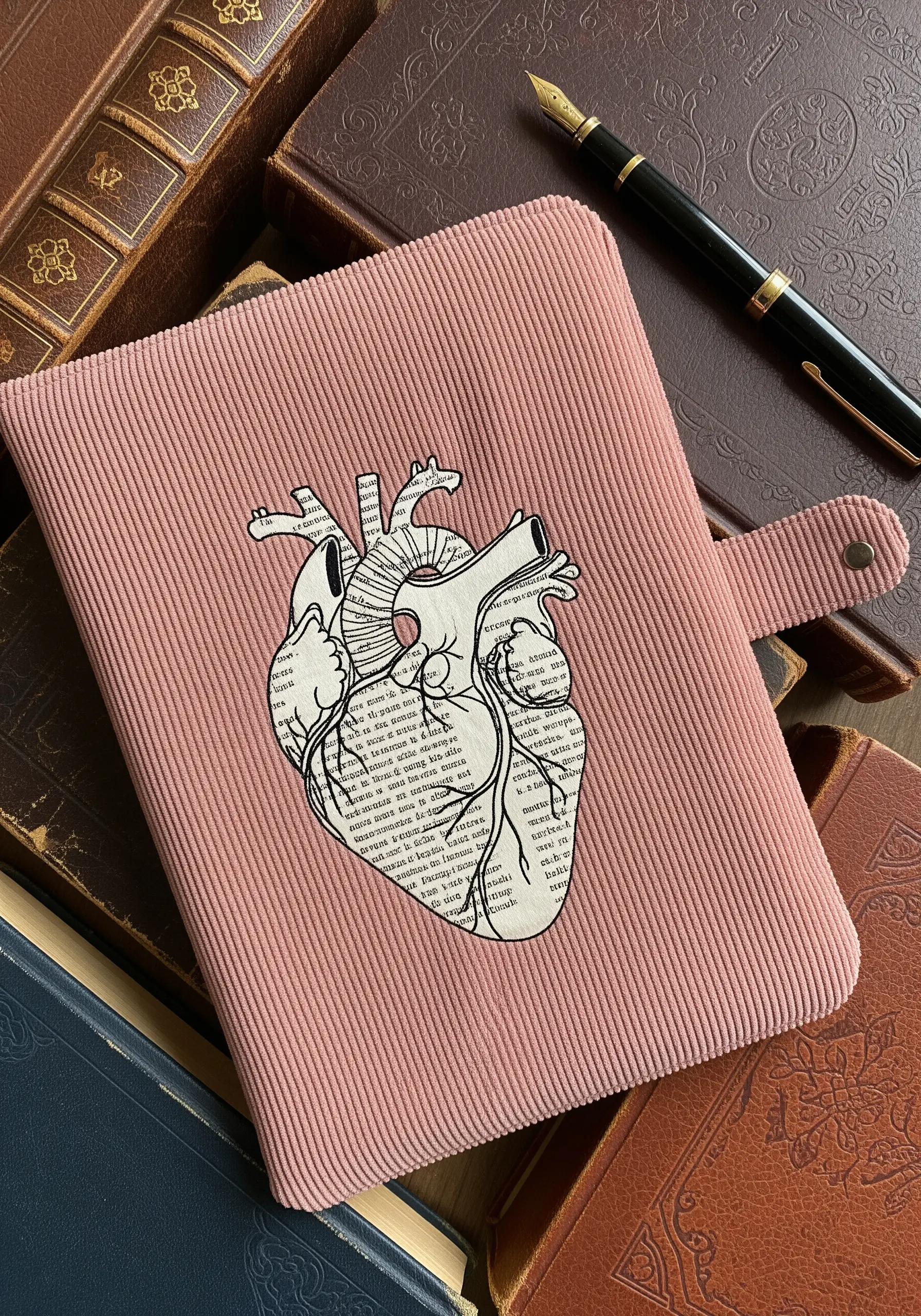 Anatomical heart embroidery with text details on pink corduroy fabric