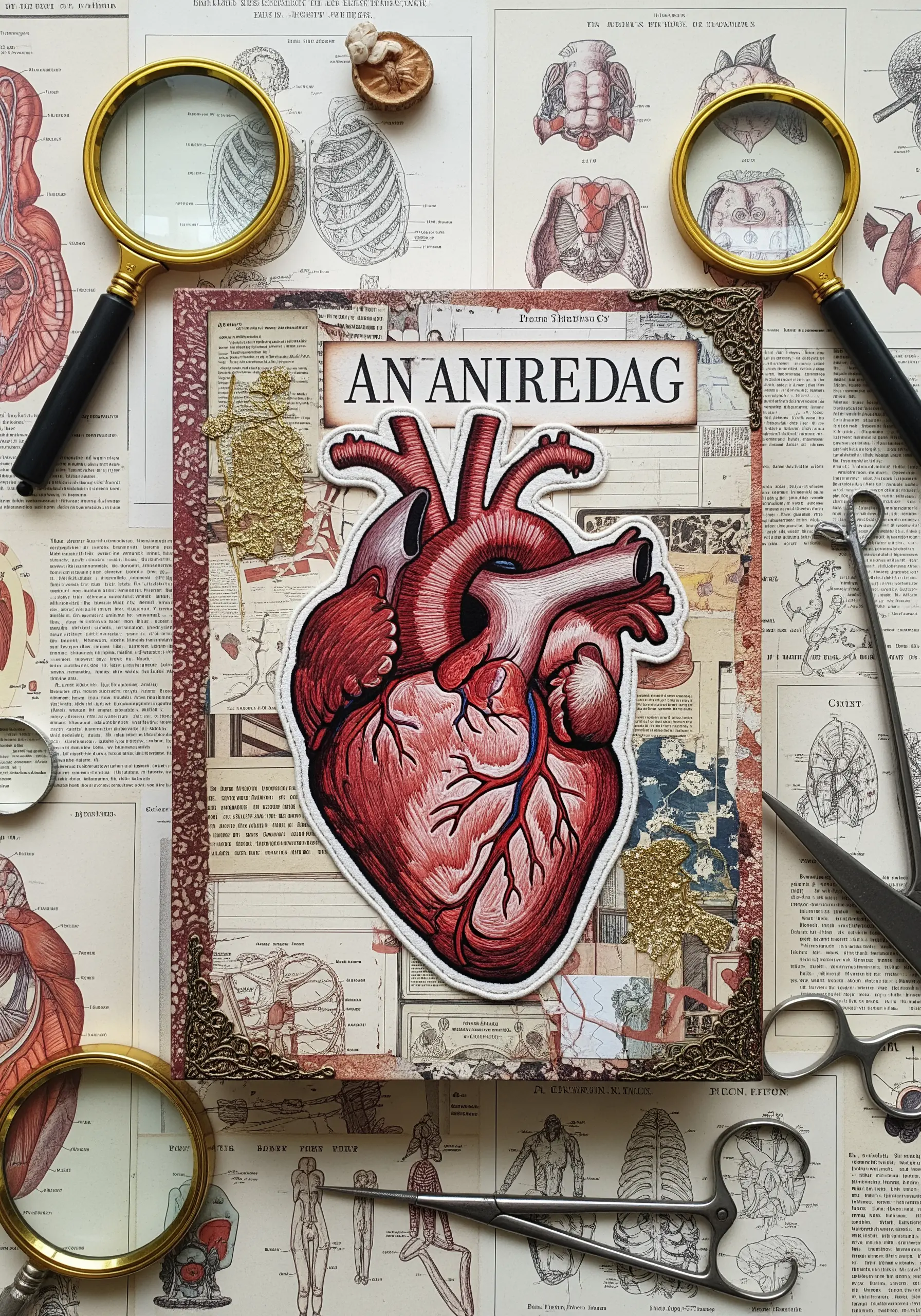 A realistically thread-painted anatomical heart on a collage of vintage medical illustrations.