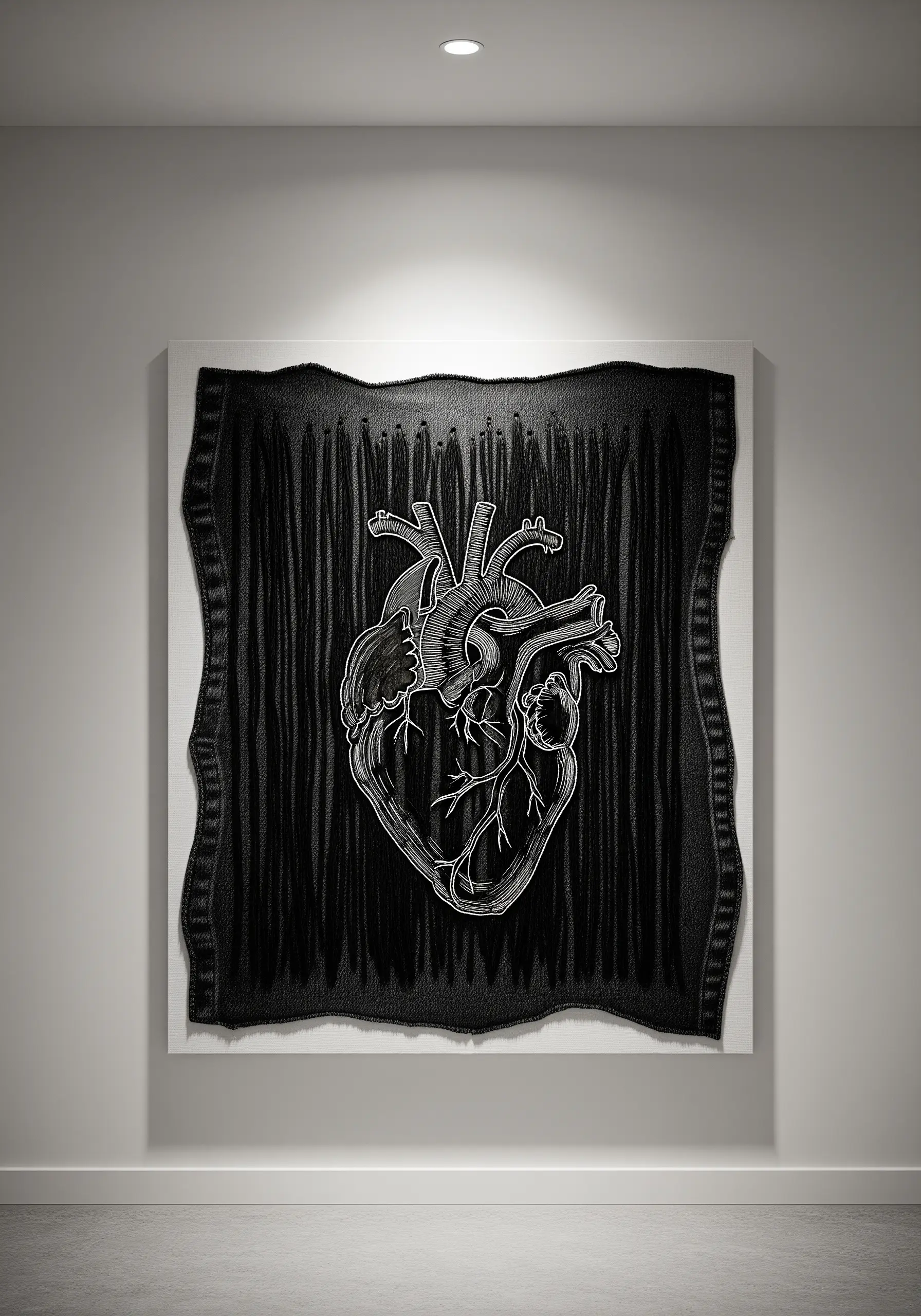 An anatomical drawing of a heart embroidered in white line work on a draped black fabric.