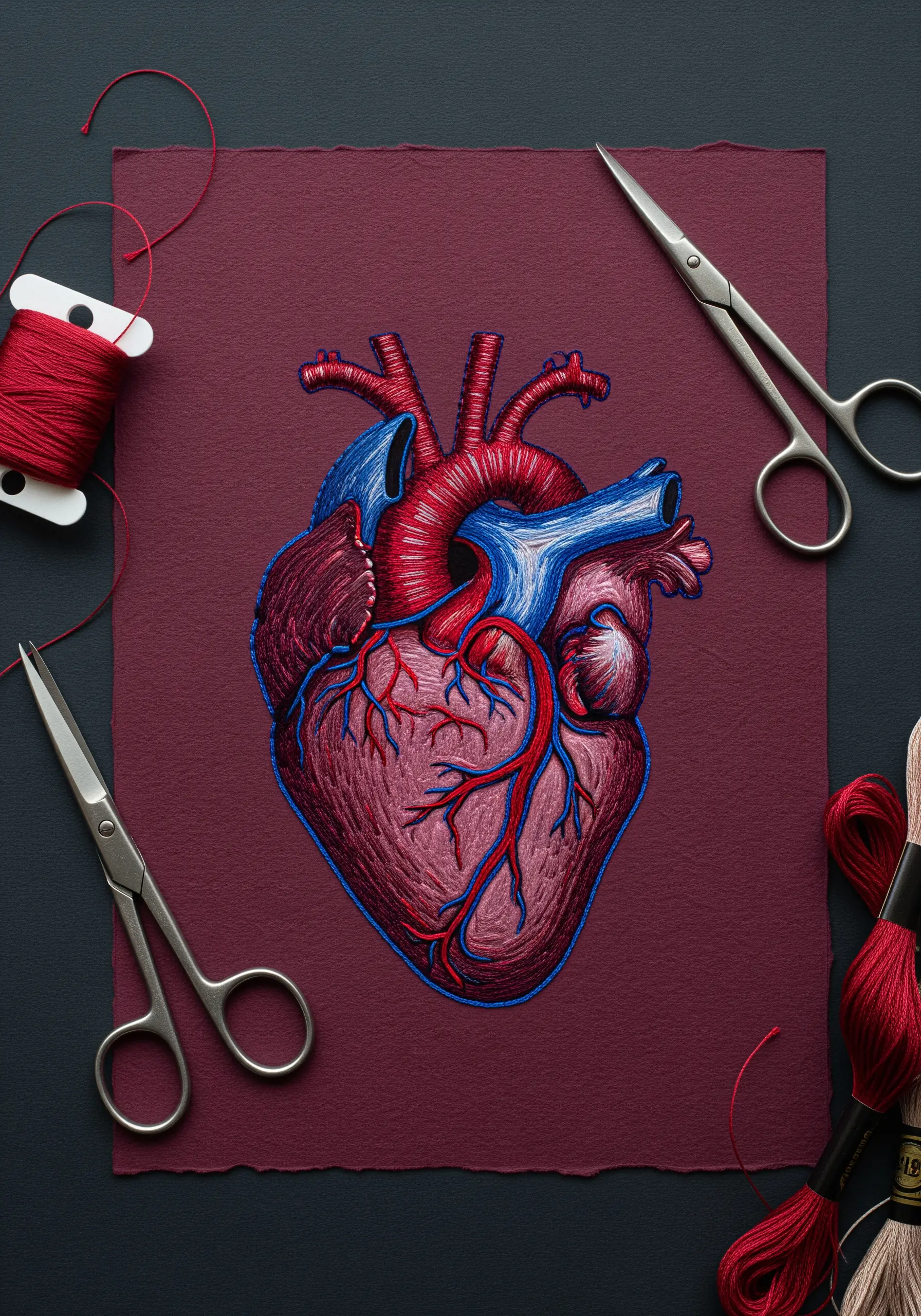 Detailed anatomical heart embroidered on dark red paper with thread painting technique.