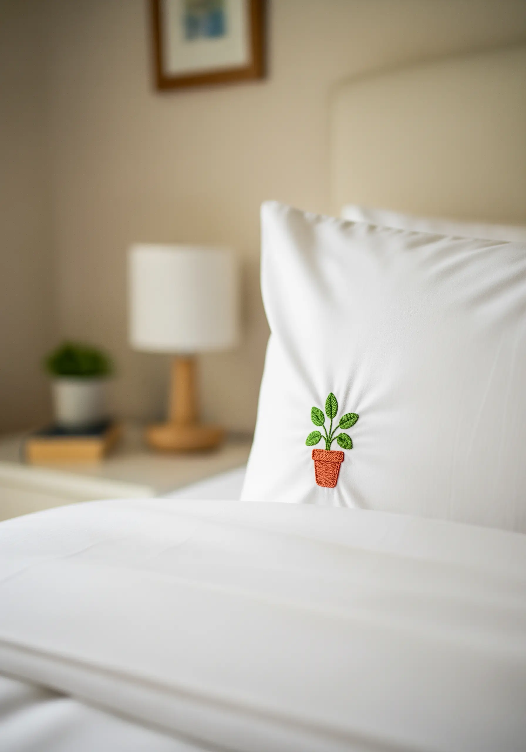 A tiny potted plant with green leaves embroidered on the corner of a white pillowcase.